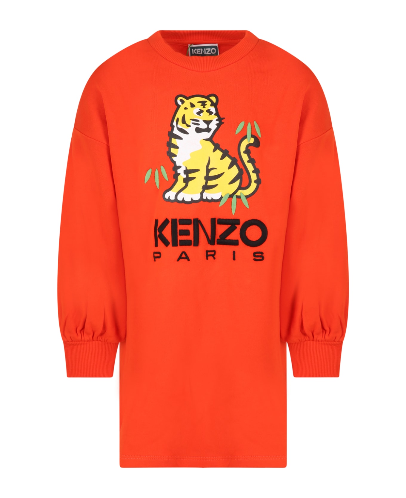 Kenzo Kids Red Dress For Girl With Tiger And Logo - Orange