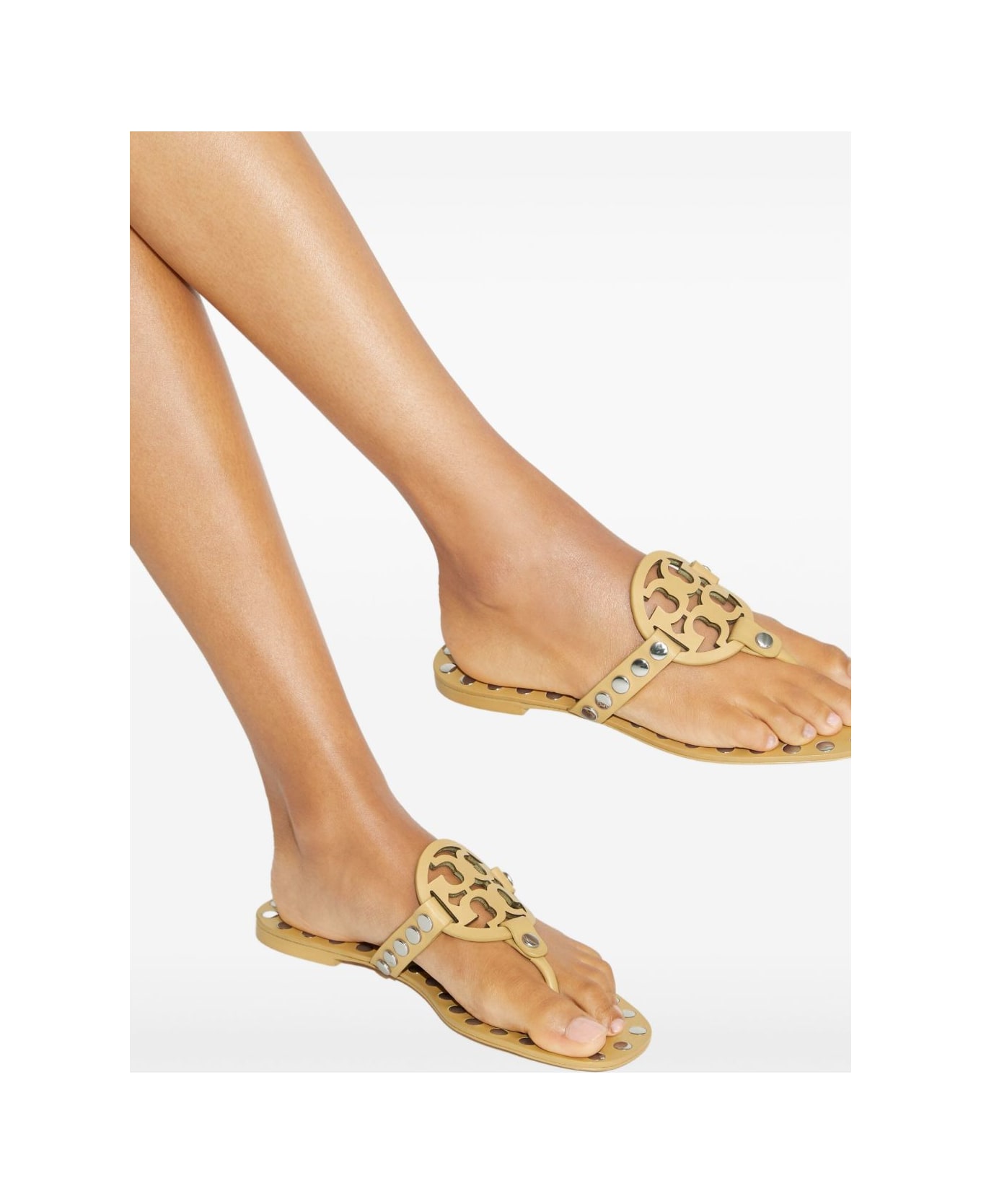 Tory Burch Studded Miller Leather Flat Sandals - Beige