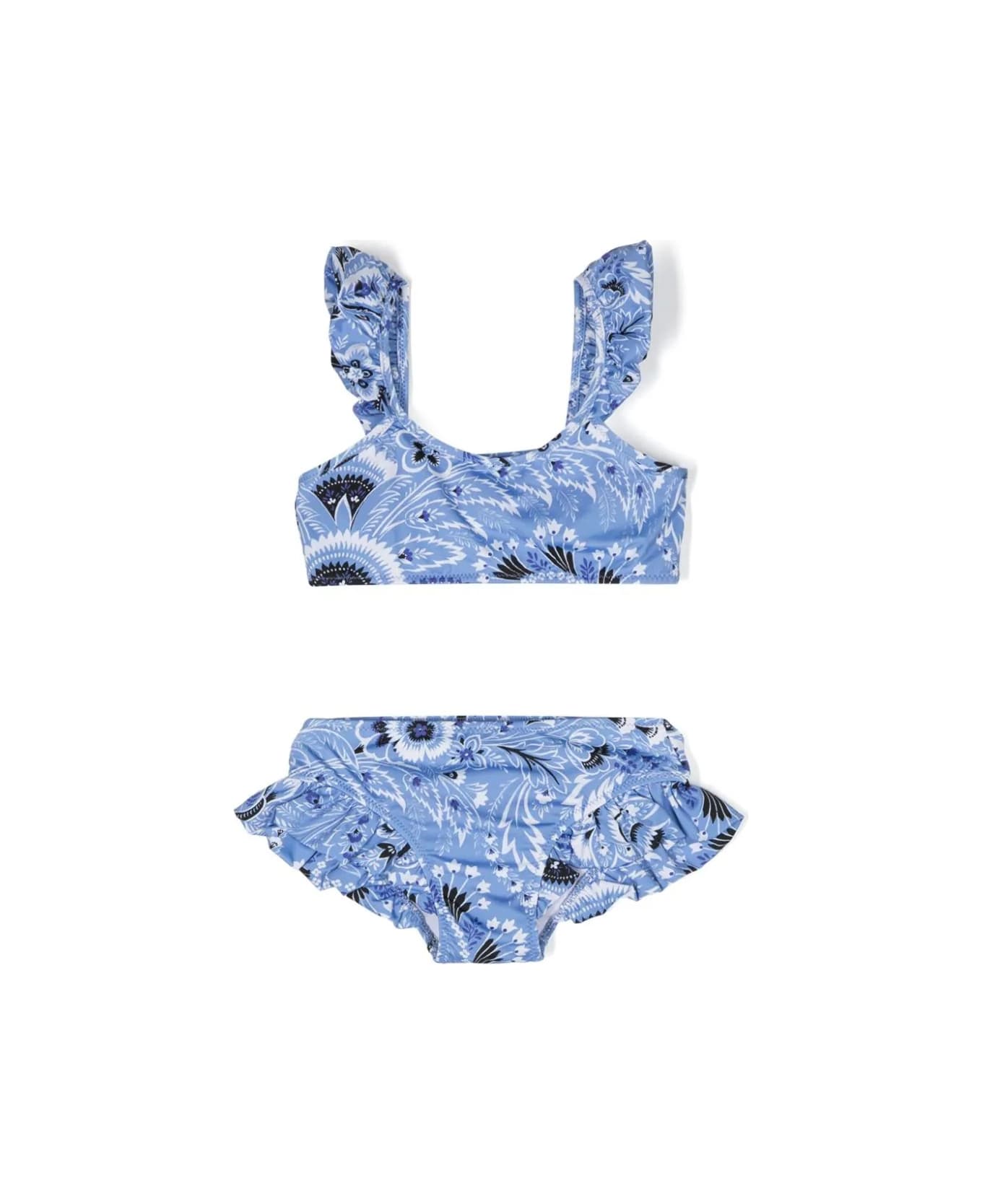 Etro Light Blue Bikini With Ruffles And Paisley Motif - Blue 水着