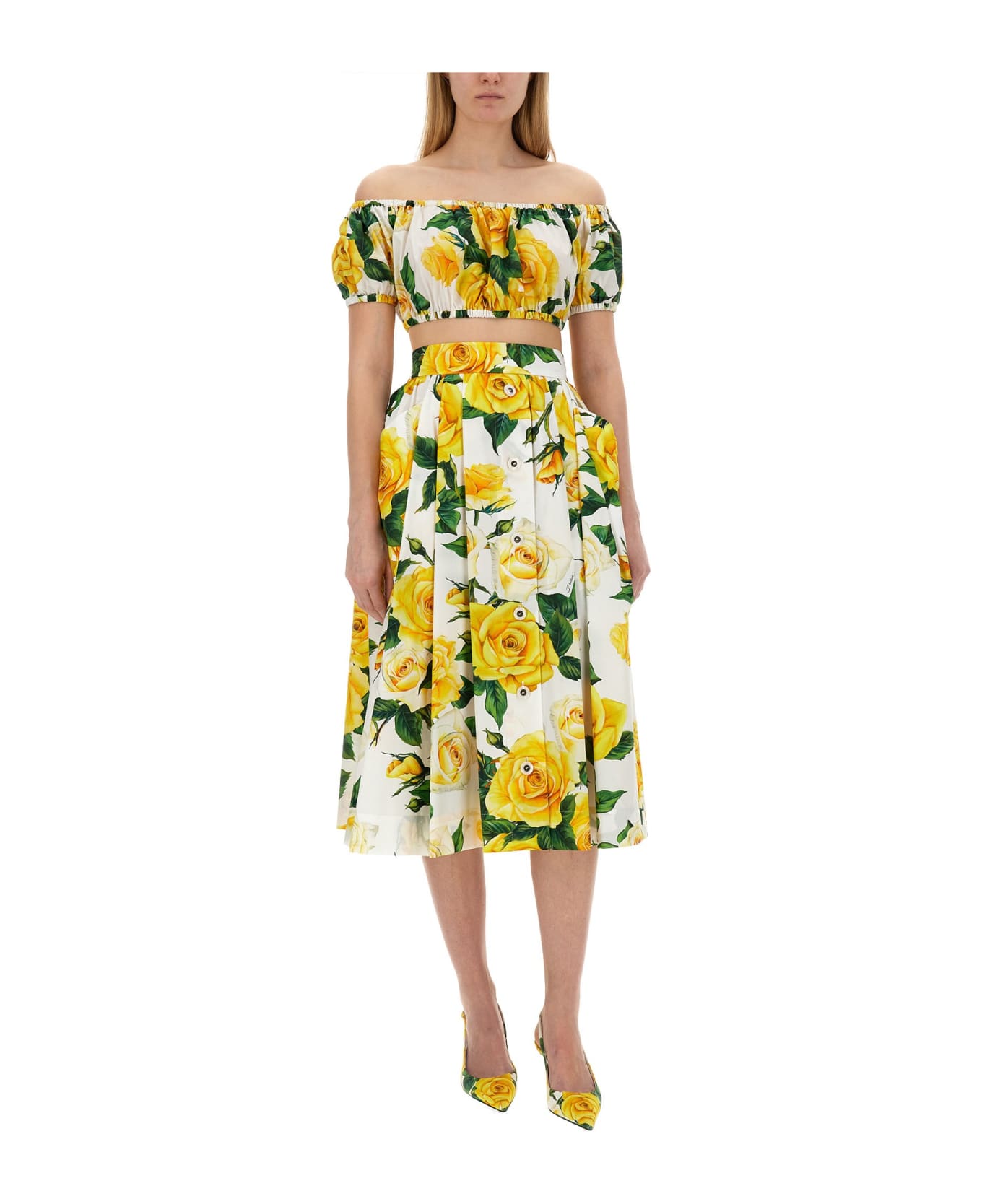 Dolce & Gabbana Flower Print Full Skirt - Vo Yellow Rose White