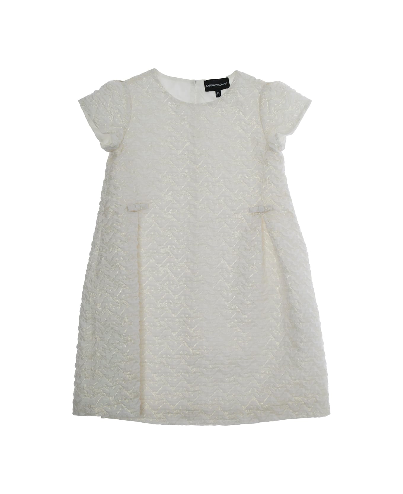 Emporio Armani White Dress With Peter Pan Collar And All-over Logo Embroidery In Tech Fabric Girl - White