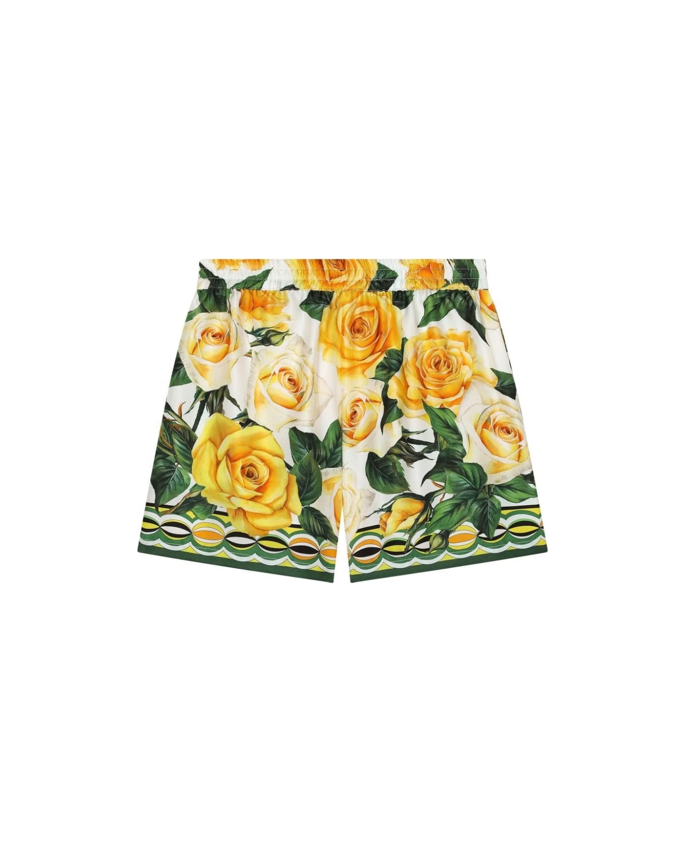 Dolce Small & Gabbana Twill Shorts With Yellow Rose Print - White
