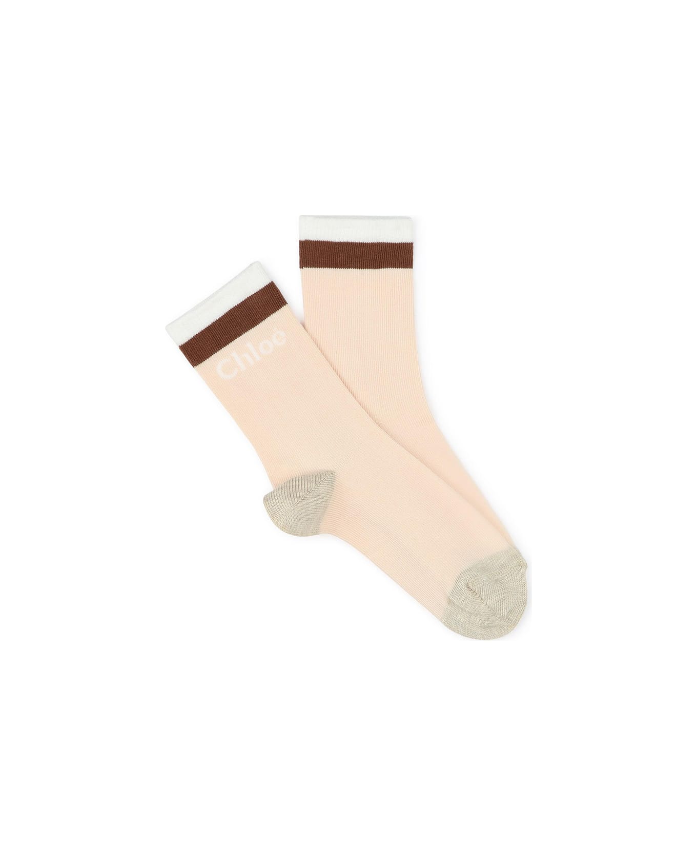 Chloé Beige Marl Socks With Logo And Two-tone Stripes - Brown