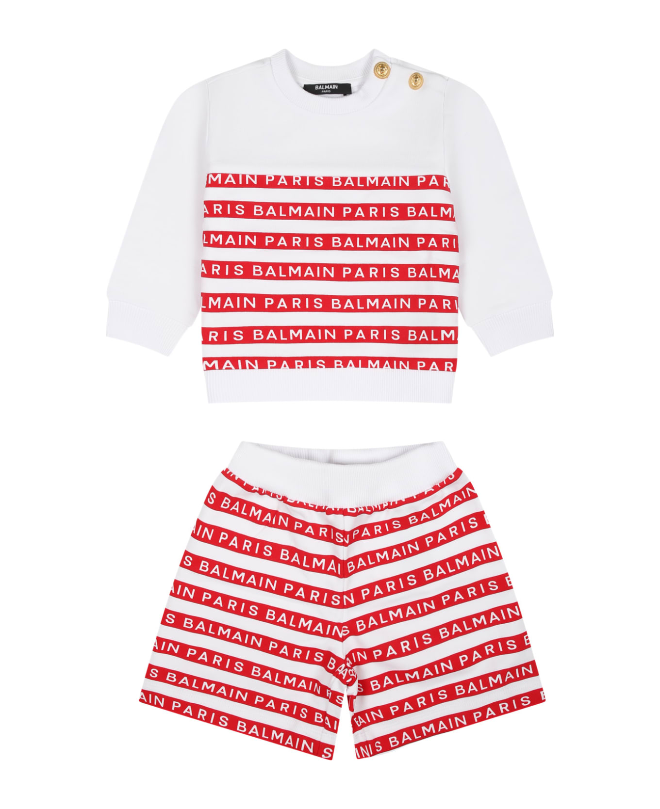 Balmain White Set For Baby Boy With Red Stripes And Logo - White