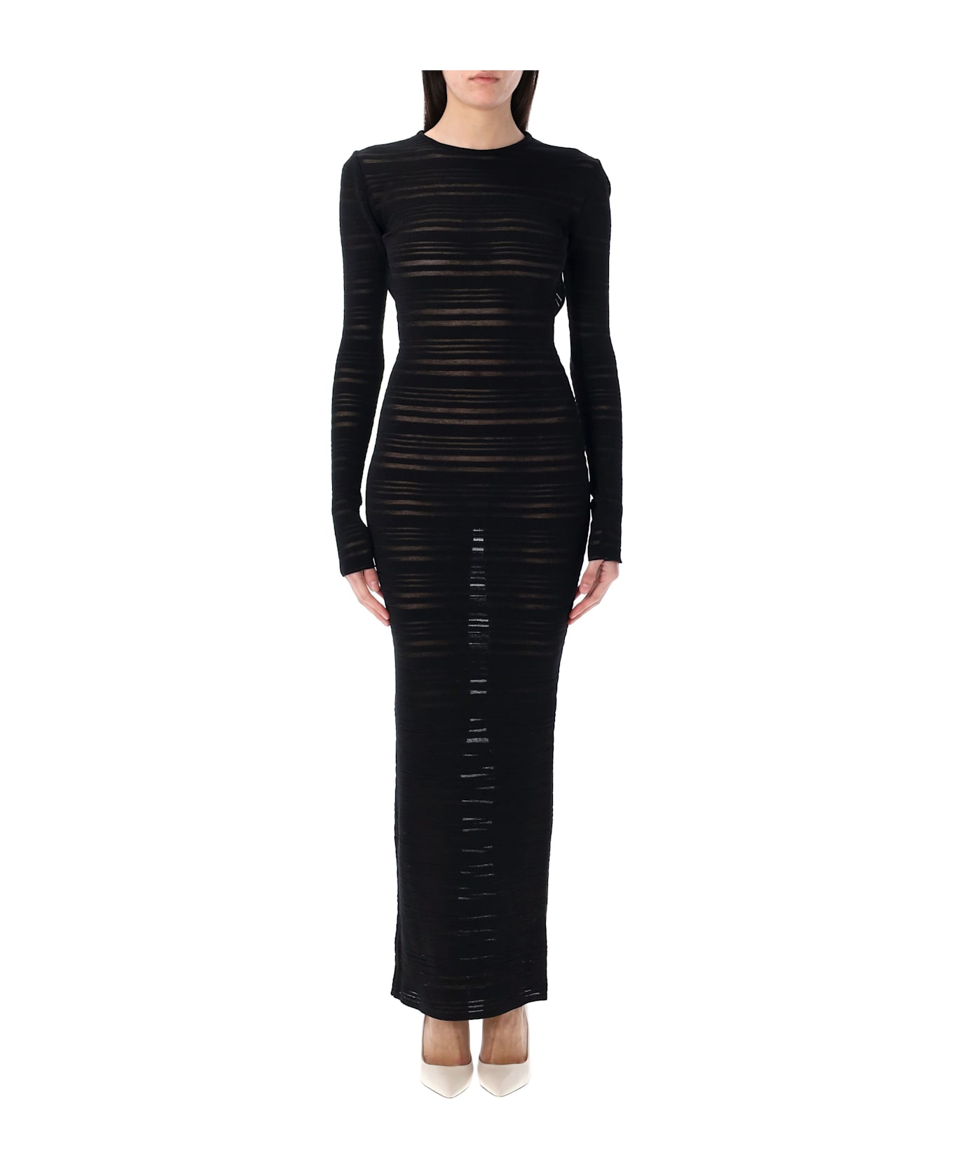 ANDREĀDAMO Striped Sheer Knit Long Dress - BLACK