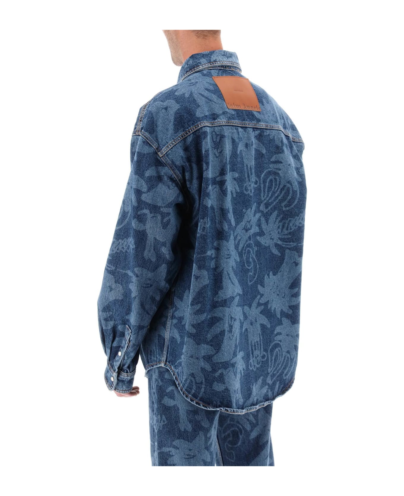 Palm Angels Overshirt In Denim With Laser Print All-over - Blue Light