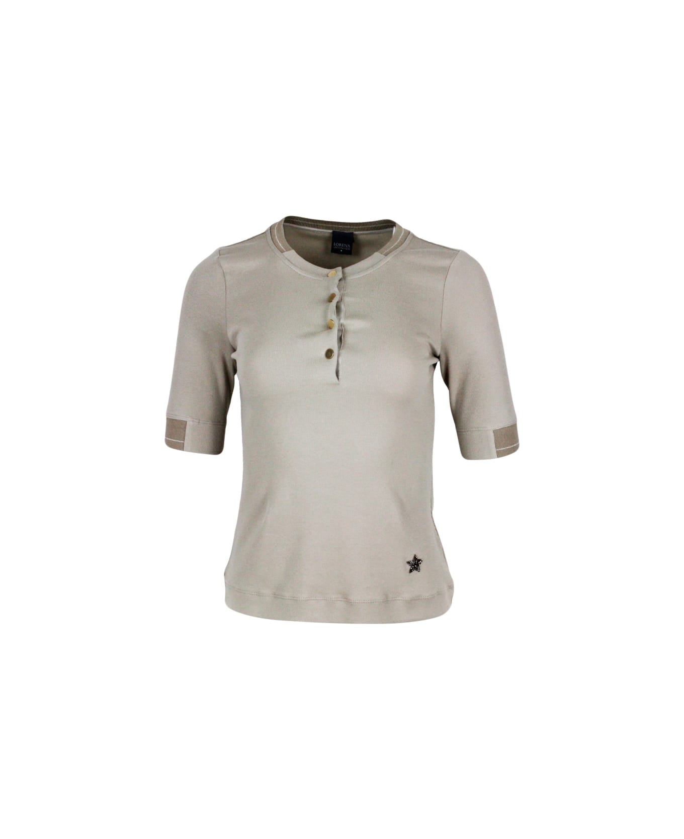 Lorena Antoniazzi Short-sleeved Ribbed Crew-neck Cotton T-shirt With Button Closure And Swarosky Star - Beige