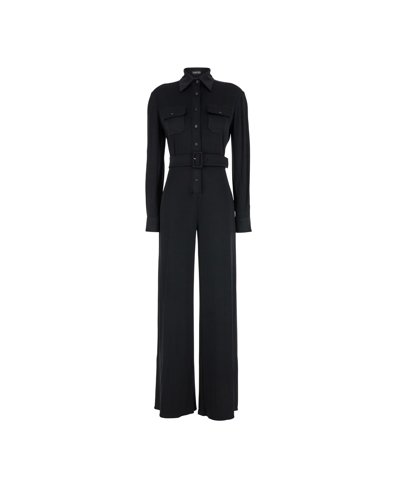 Tom Ford Black Jumpsuit With Buttons And Adjustable Belt In Stretch Satin Woman - Black