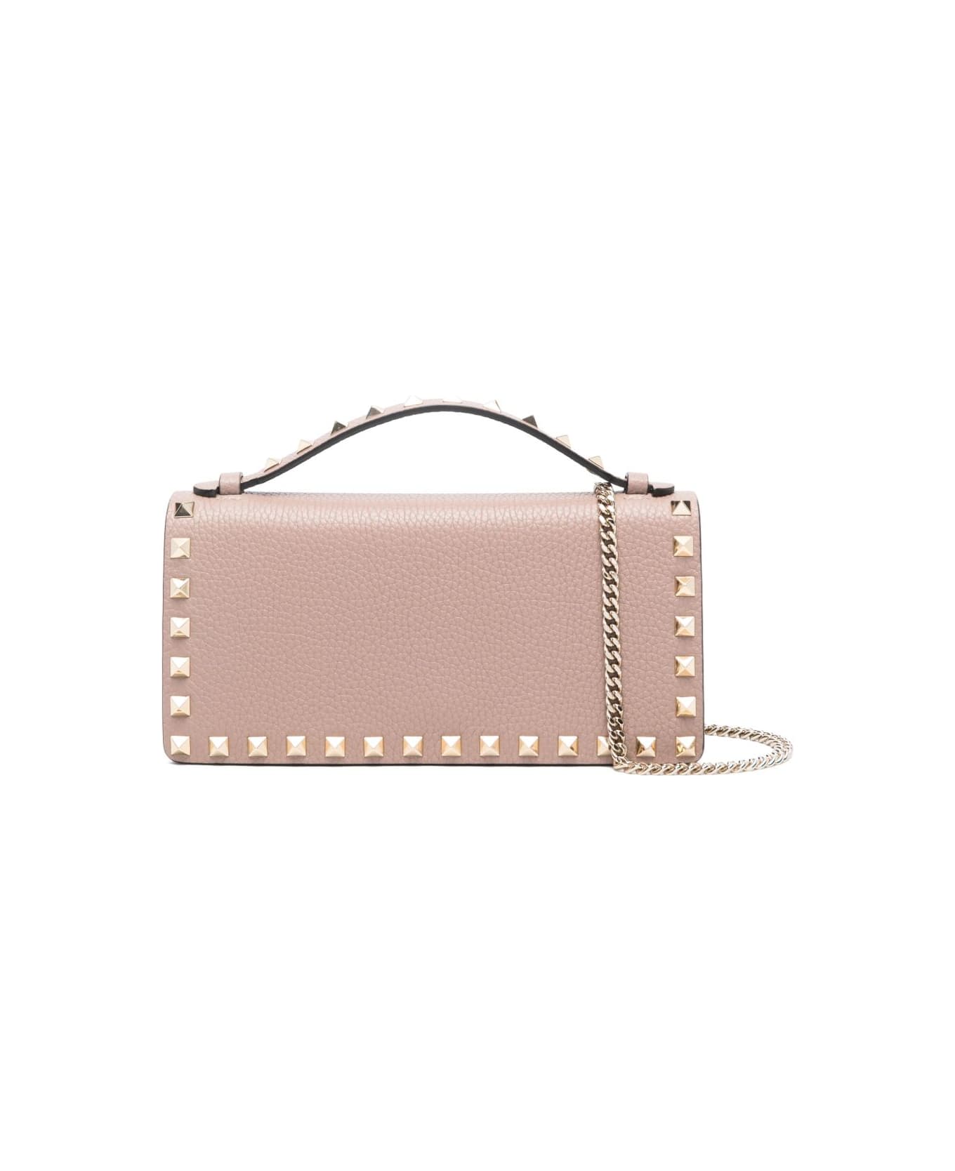 Valentino Garavani Rockstud Leather Wallet On Chain - Powder