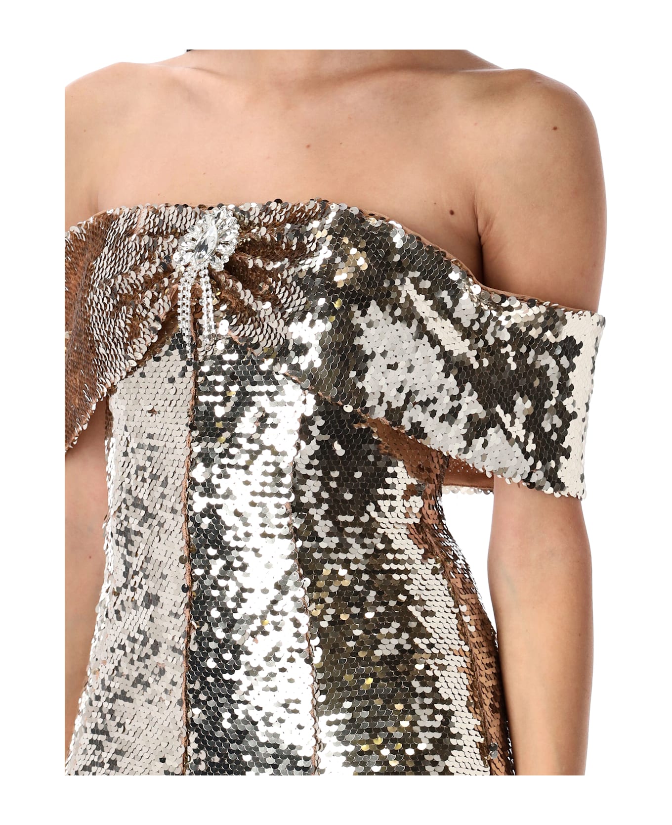 self-portrait Gold Sequin Off Shoulder Mini Dress - GOLD