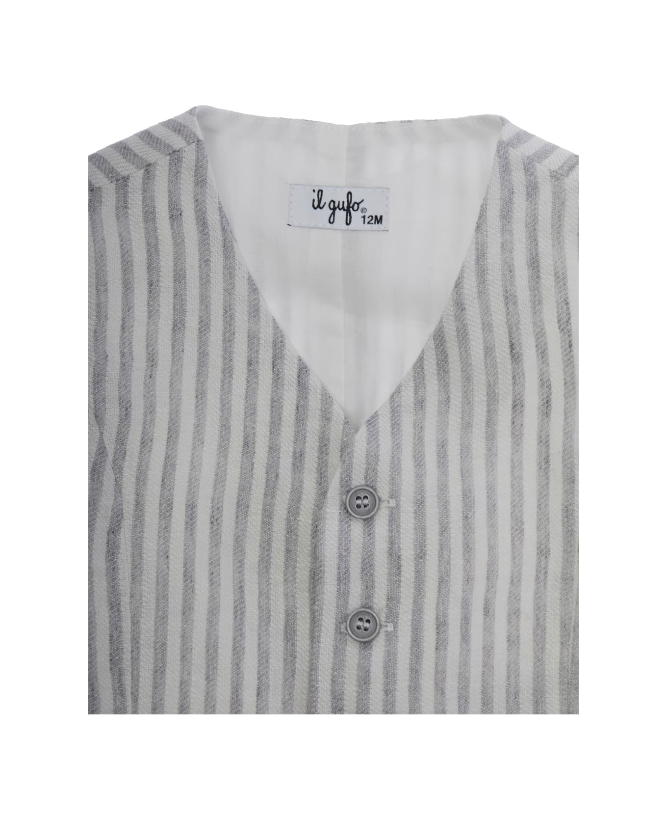 Il Gufo Grey Vest With V Neck And All-over Striped Motif In Linen Baby - Grey