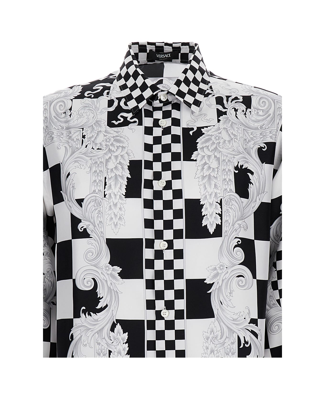 Versace Black And White Chechered Shirt With Baroque Pattern And Medusa Heas In Silk Man - White