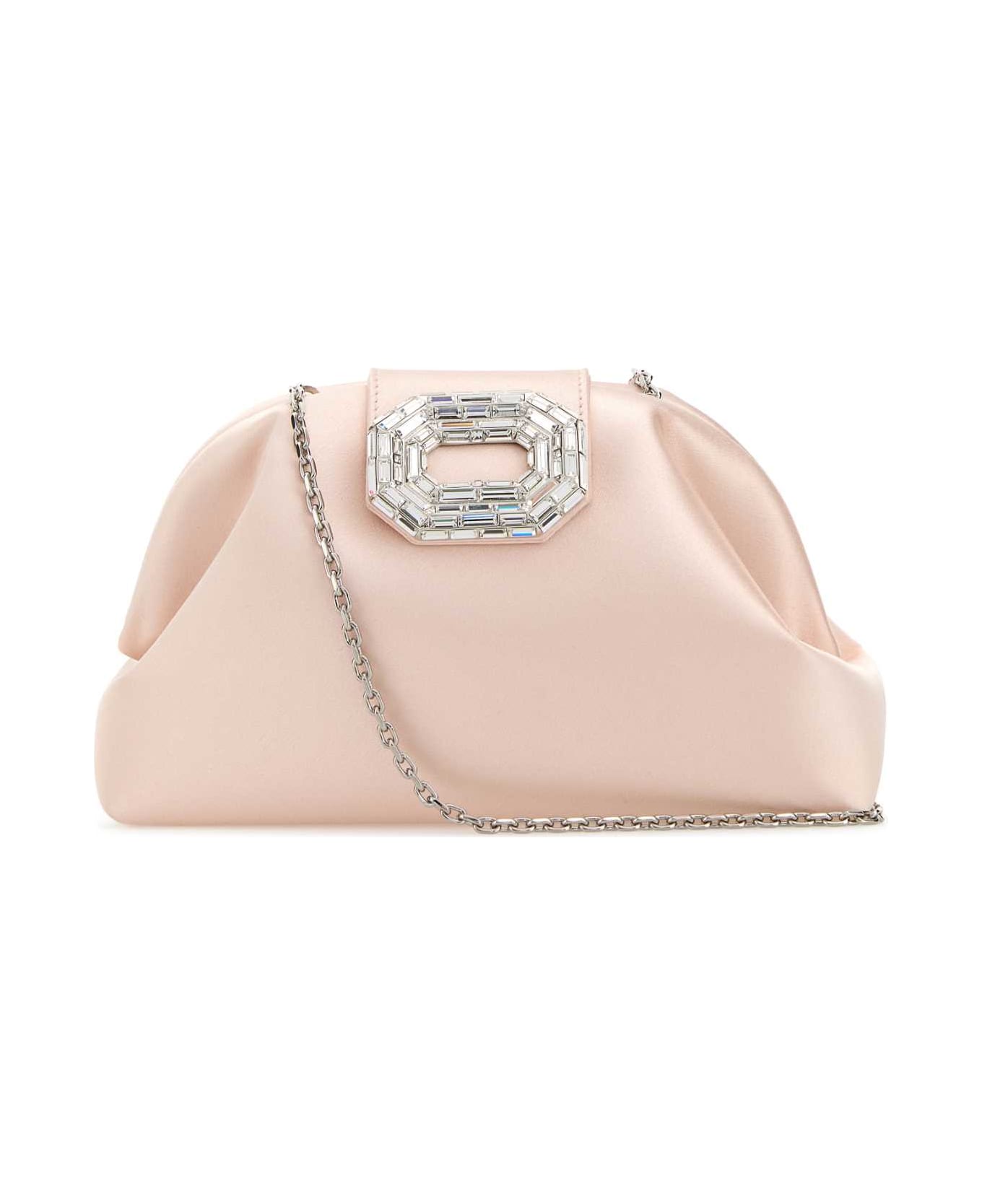 Amina Muaddi Light Pink Satin Camelia Clutch - SATINCHAMPAGNESILVERHARDWARE