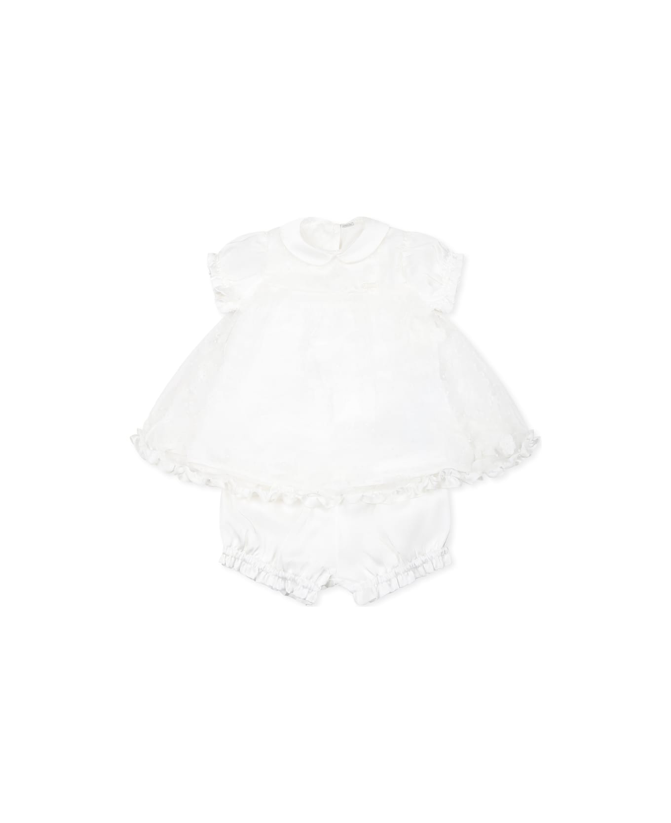 Monnalisa White Suit For Baby Girl With Polka Dots - White