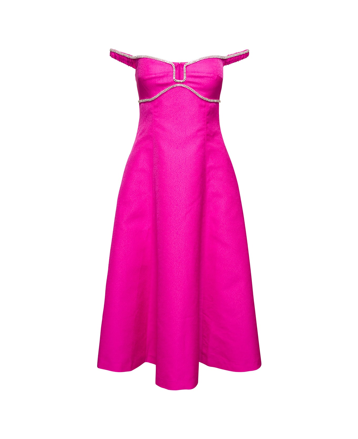 self-portrait Off-shoulder Flared Midi Dress With Crystal Embellished Detailing In Pink Satin Woman - Fuxia