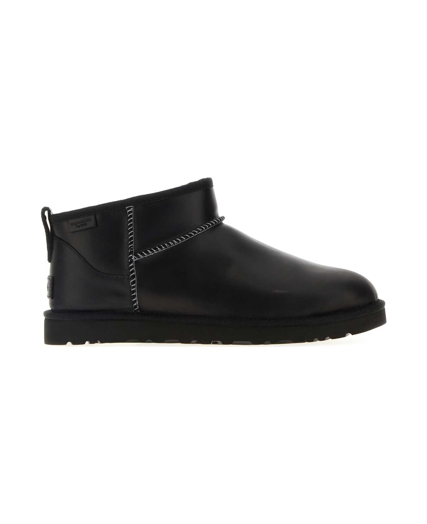UGG Black Leather Classic Ultra Mini Ankle Boots - BLACK