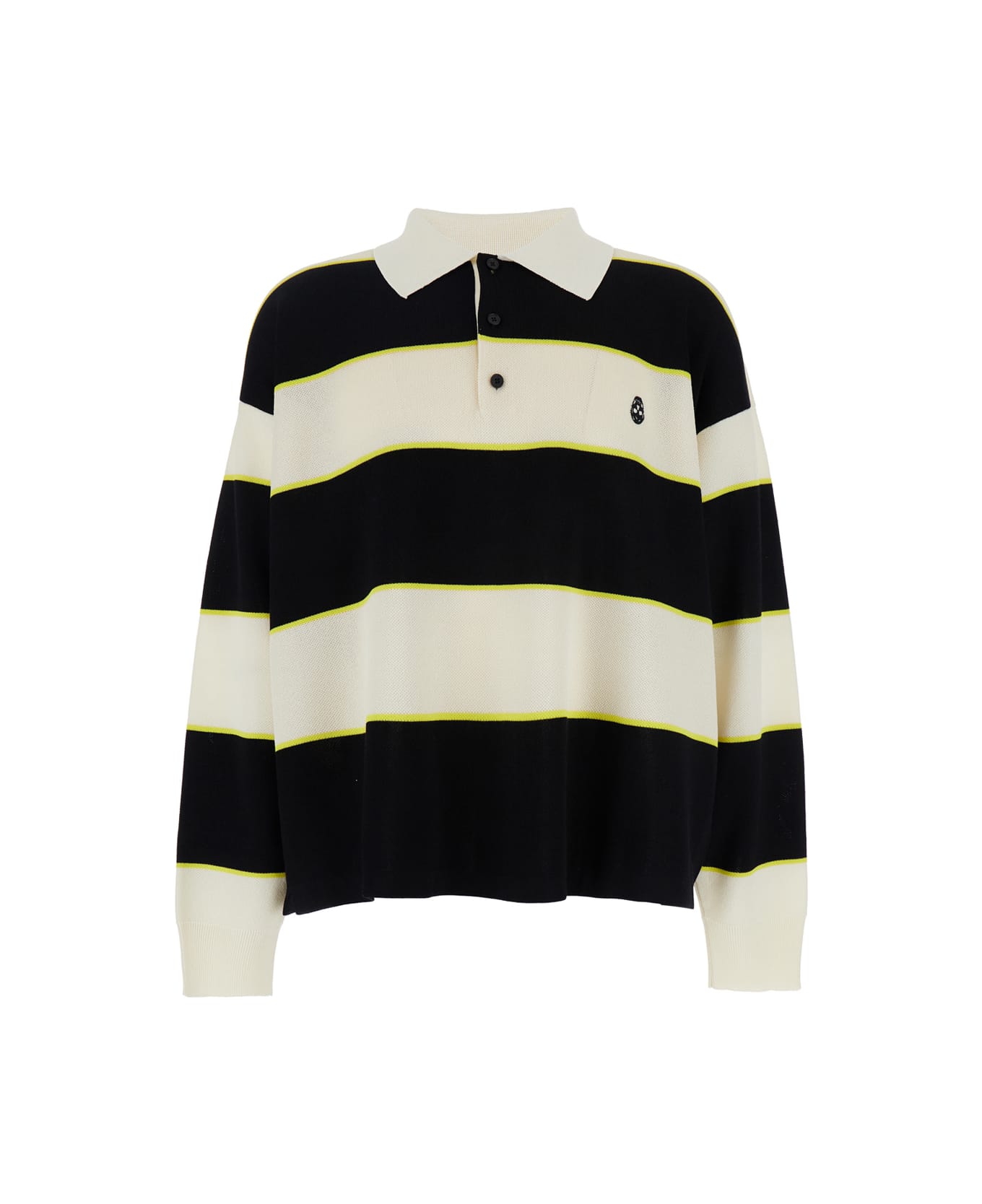 Alexander McQueen Black And White Long-sleeve Polo Shirt With Logo Patch On The Front And All-over Striped Motif In Cotton Blend Man - White/black