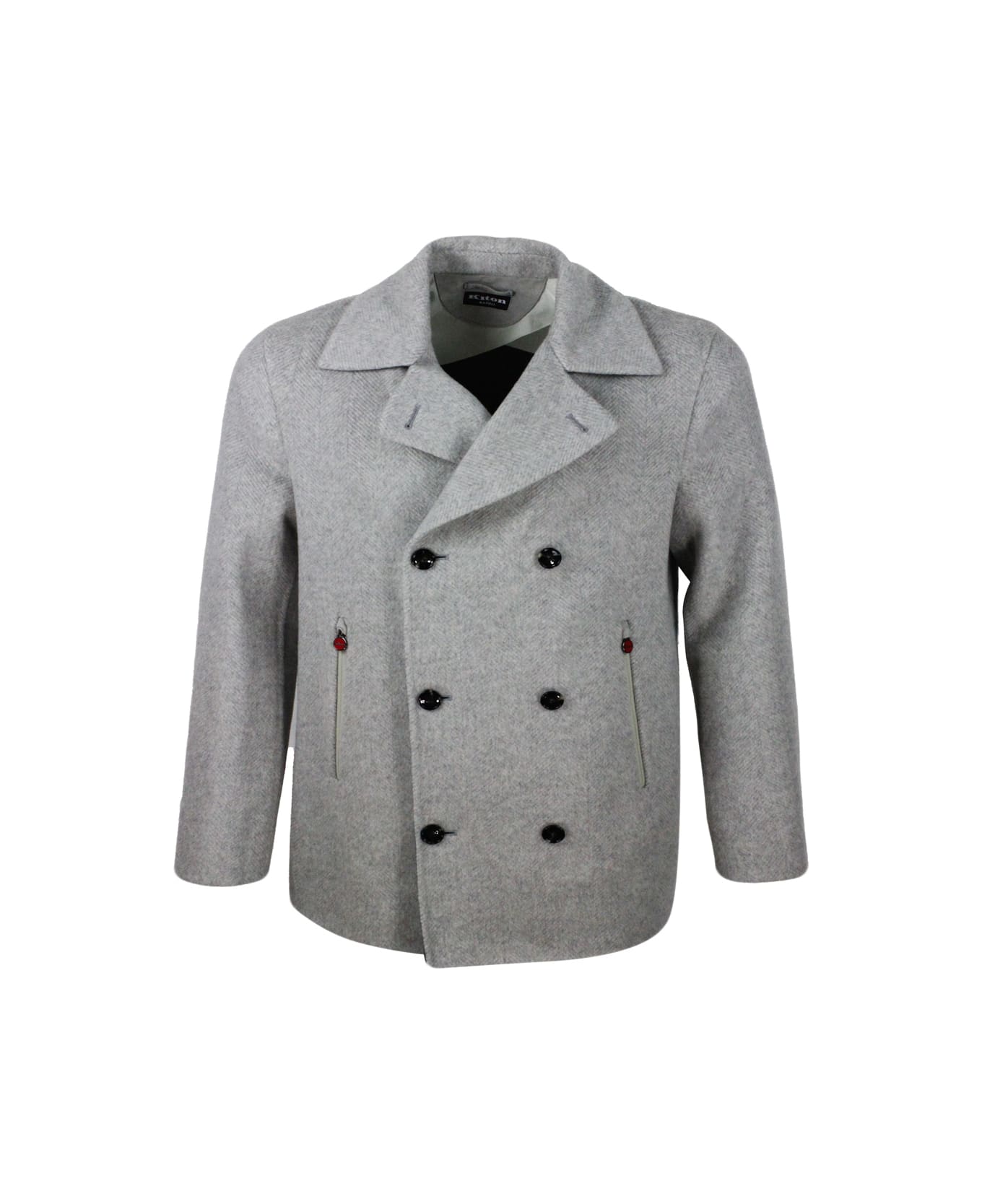 Kiton Unlined Double-breasted Peacot Jacket In Pure And Soft Herringbone Cashmere And With Suede Finish - Grey