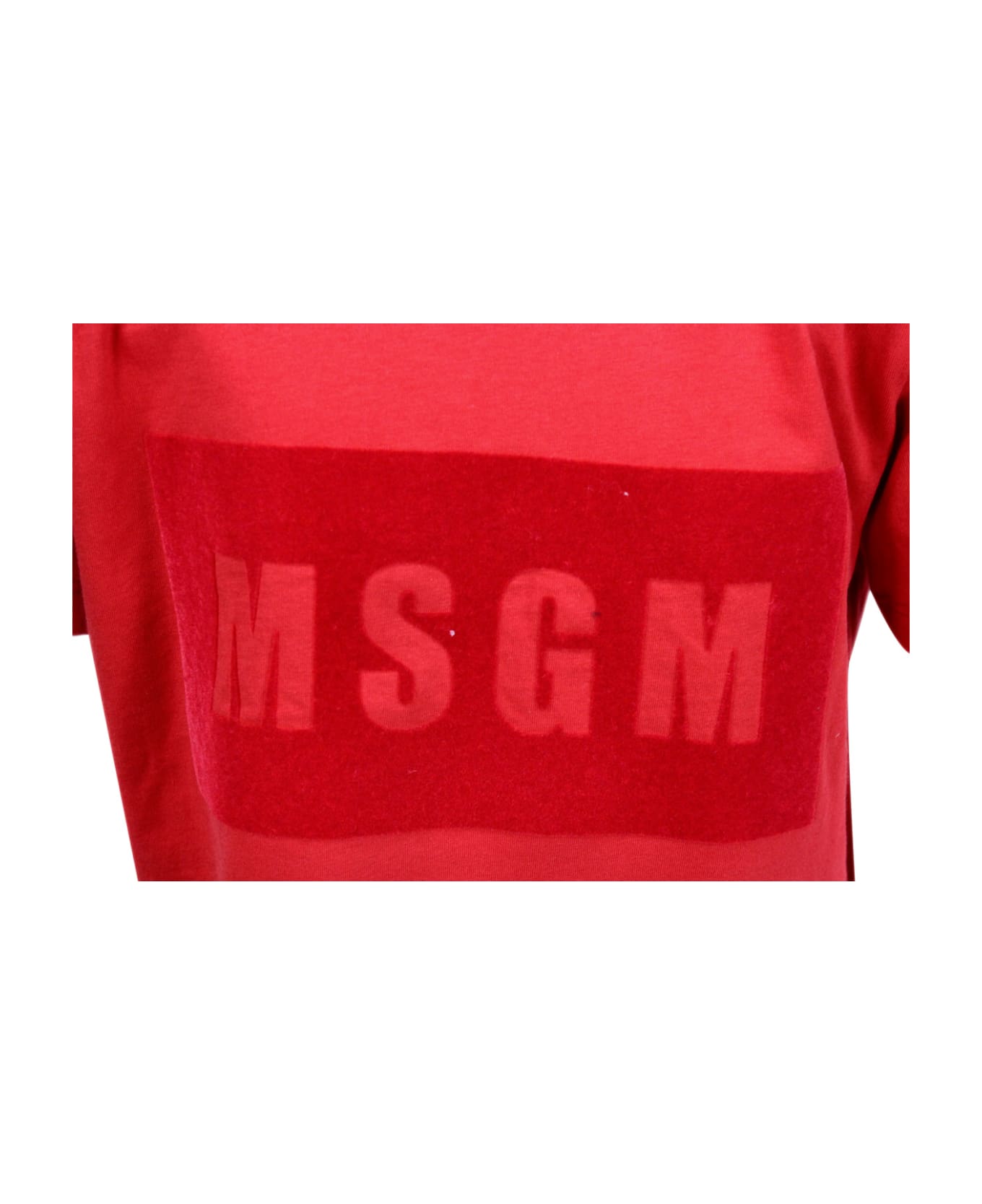 MSGM Short-sleeved Crew Neck T-shirt In Cotton With Raised Lettering With Flocking - Red