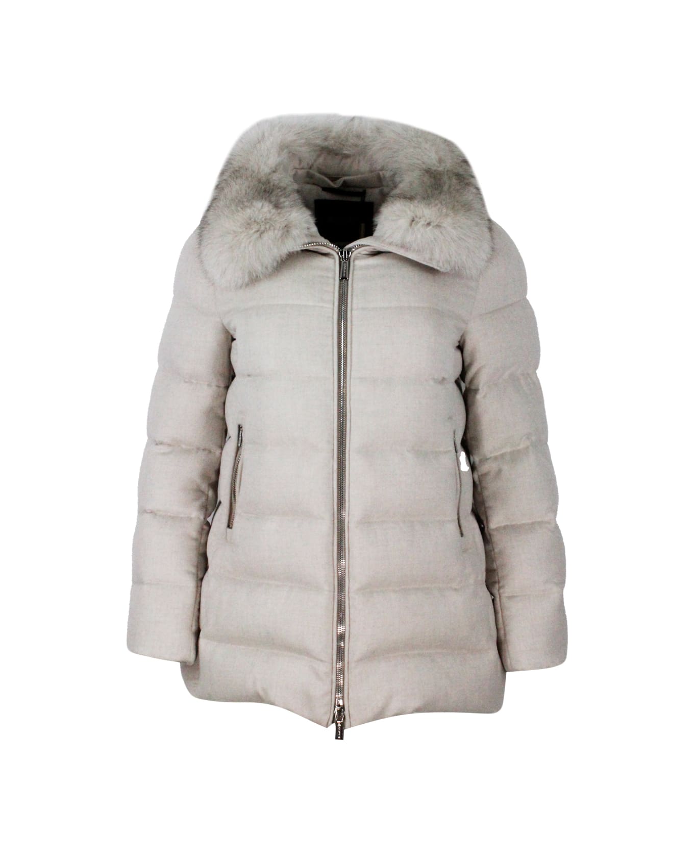 Moorer Coat Made In Fine Cashmere Blend Flannel Padded With Goose Down. Collar Trimmed With Detachable Fox Fur. - Almond
