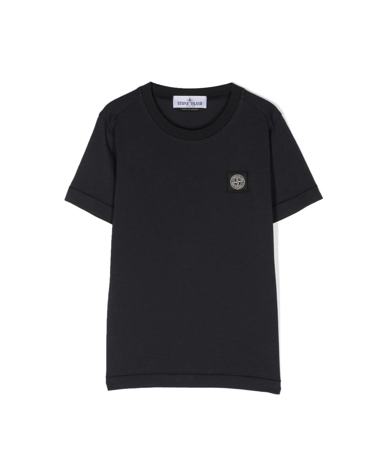 Stone Island Junior Blue Crewneck Short-sleeved T-shirt And Contrasting Patch Logo In Cotton Boy - Blu