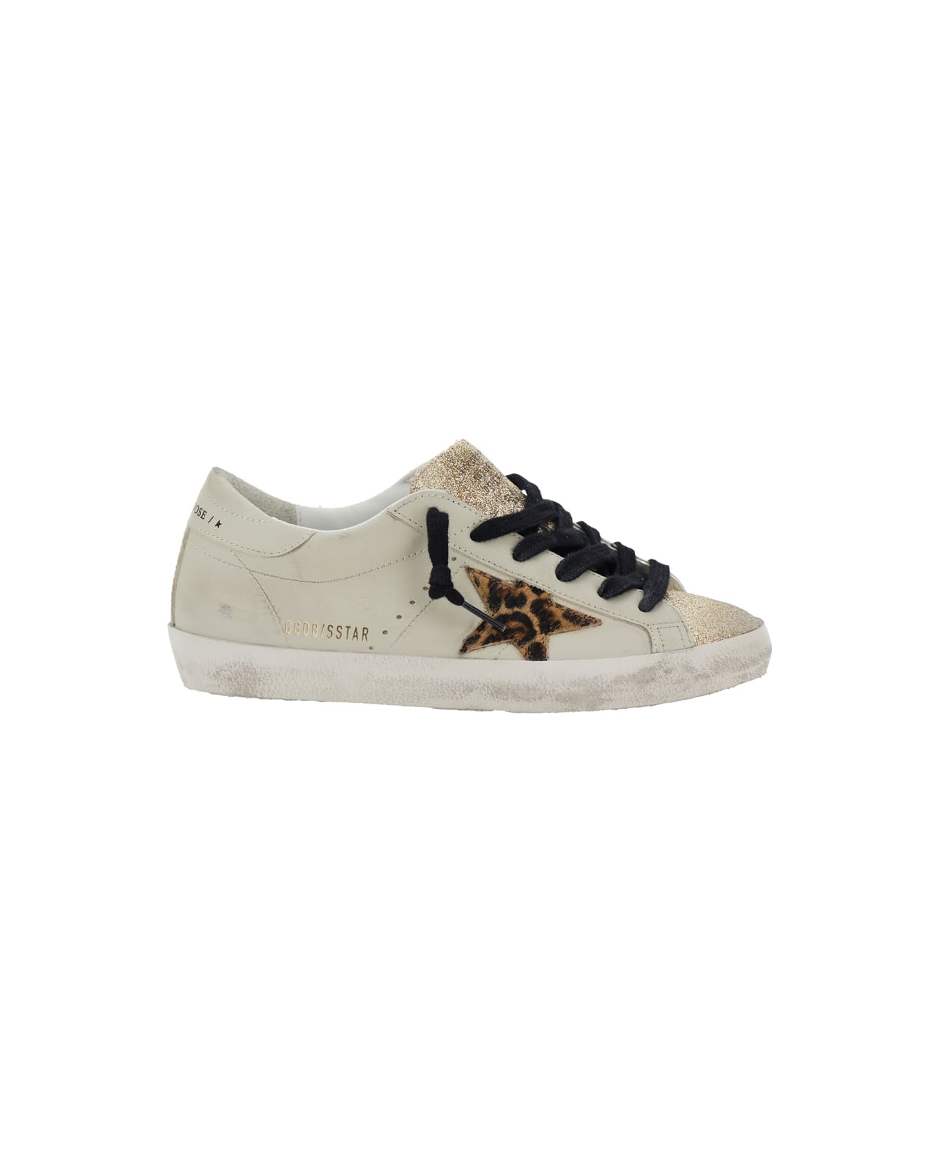 Golden Goose Super Star Leather Upper Glitter Toe And Tongue Leather Heel Leopard Horsy Star - White