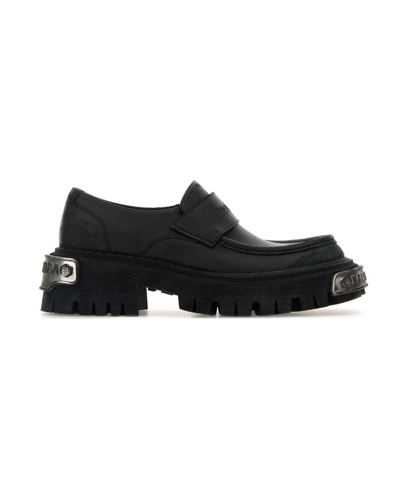 Balenciaga Black Leather Tractor Loafers - BLACK/SILVER