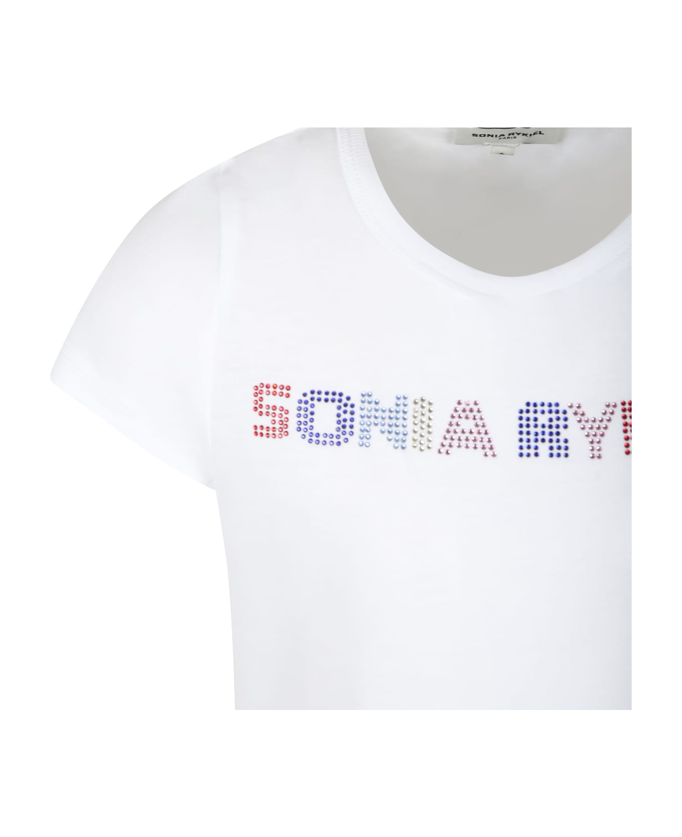 Rykiel Enfant White T-shirt For Girl With Logo And Rhinestone - White Tシャツ＆ポロシャツ