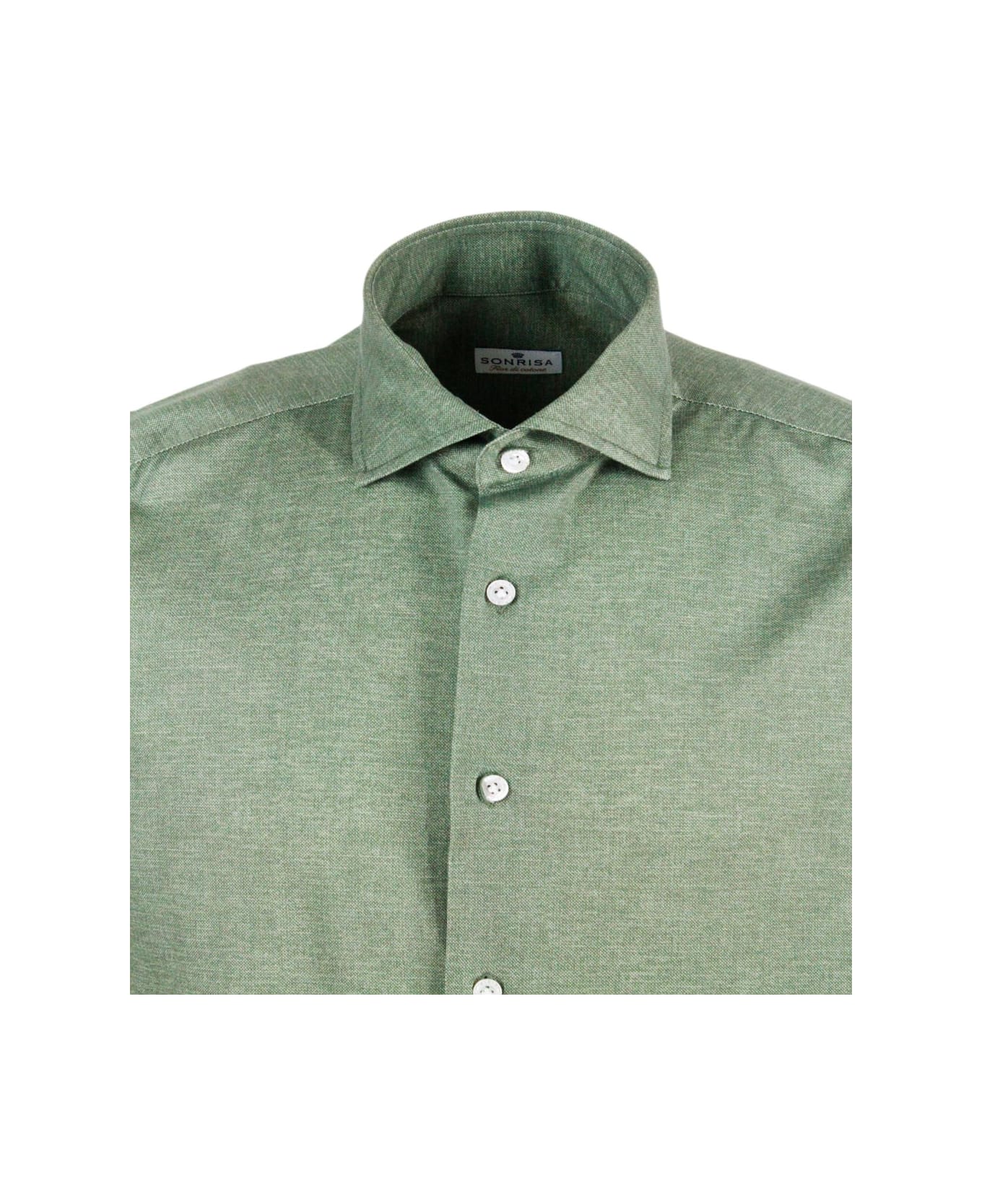 Sonrisa Luxury Shirt In Soft, Precious And Very Fine Stretch Cotton Flower With French Collar In Two-tone Melange Print - Green