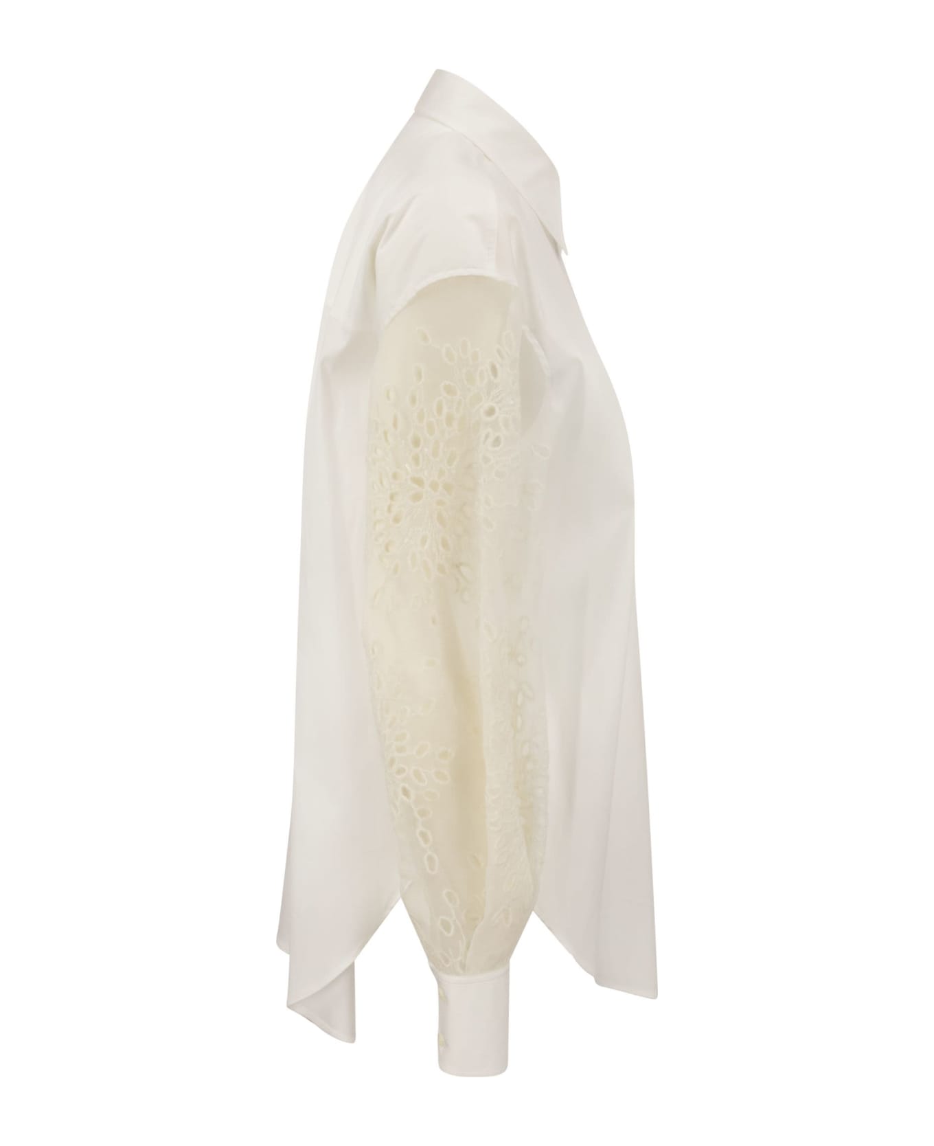 Brunello Cucinelli Stretch Cotton Poplin Shirt With Crispy Silk Broderie Anglaise Sleeve - White シャツ