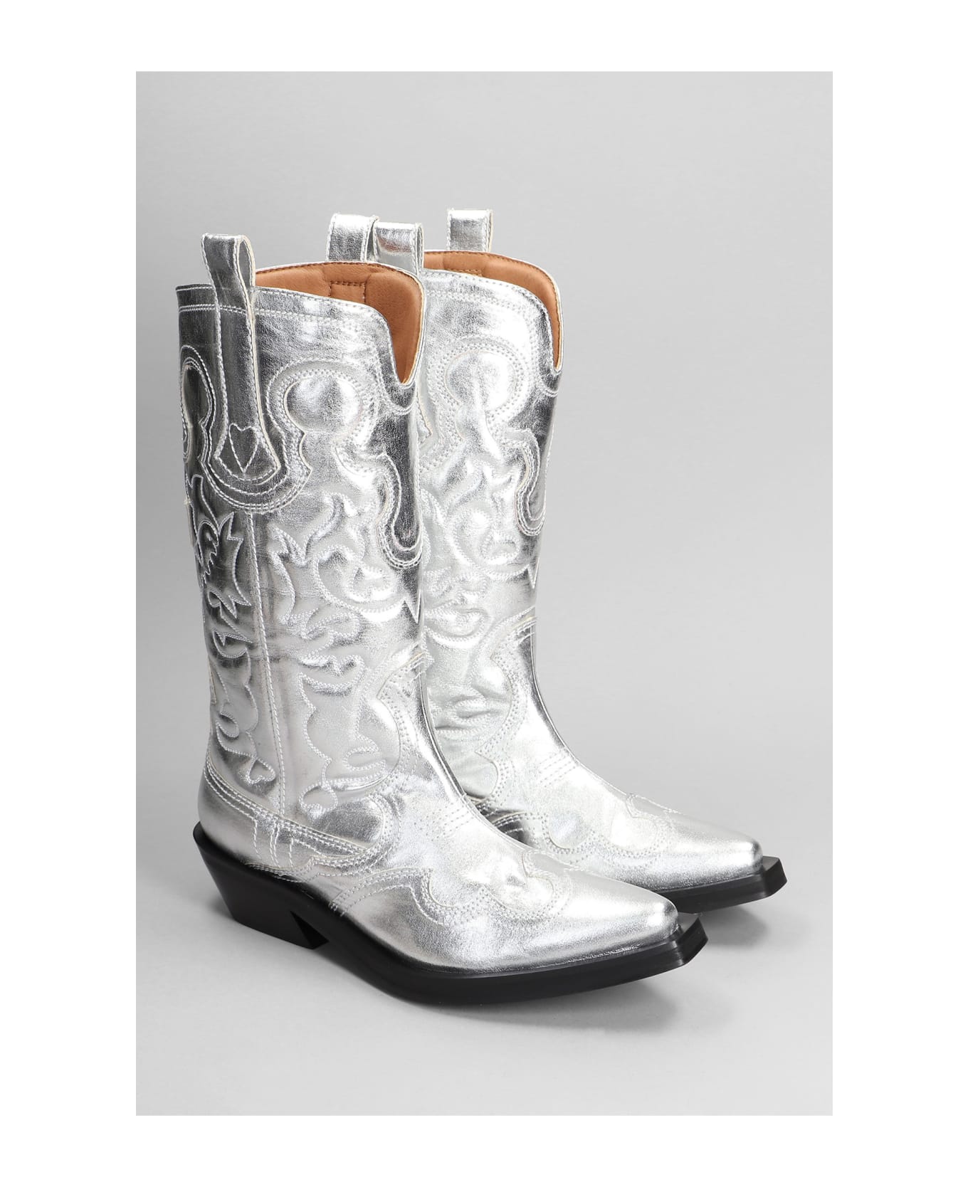 Ganni Texan Boots In Silver Polyester - silver