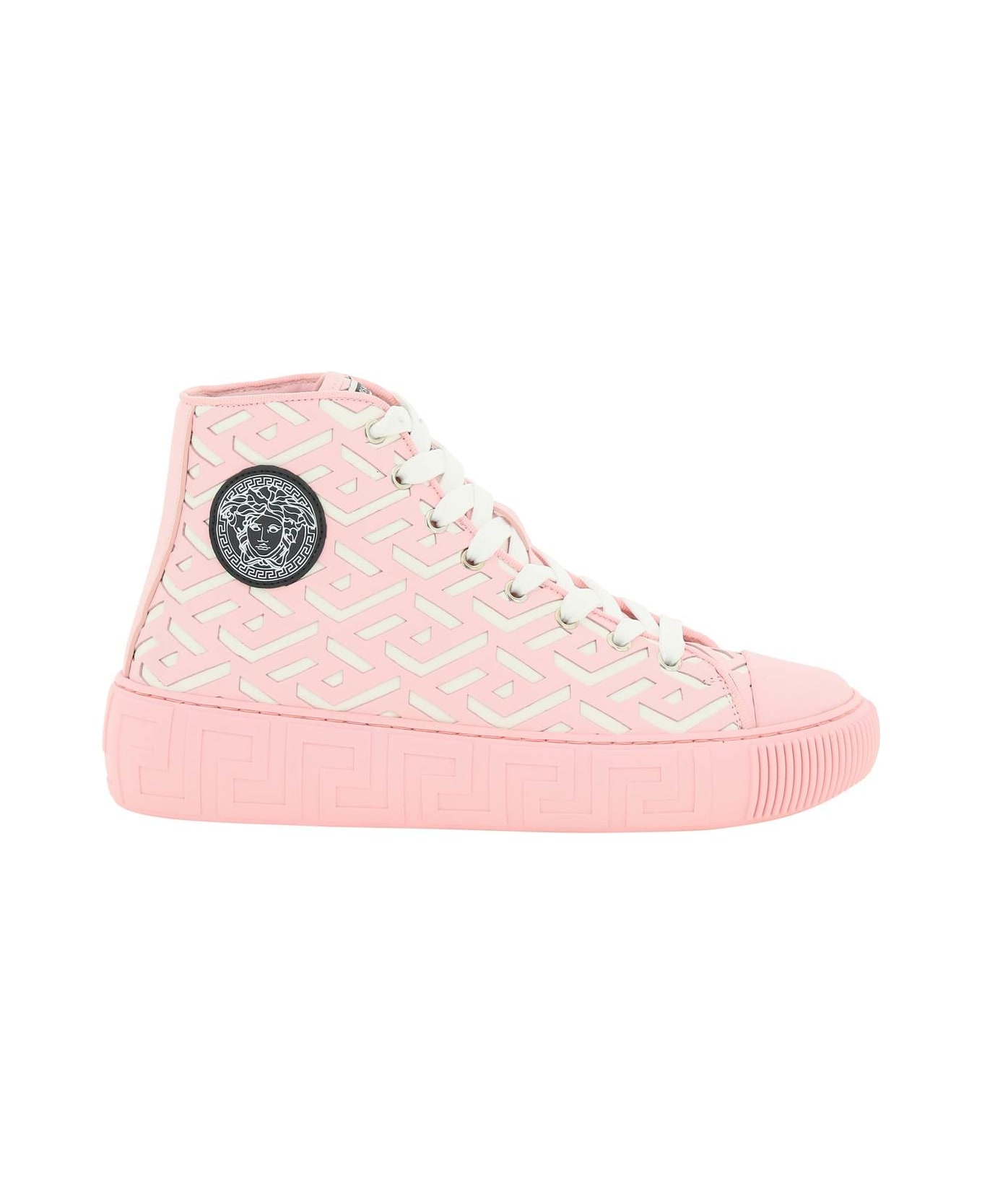 Versace Greca Laser Cut Leather Hi-top Sneakers - ENGLISH ROSE BIANCO PALLADIO (Pink)