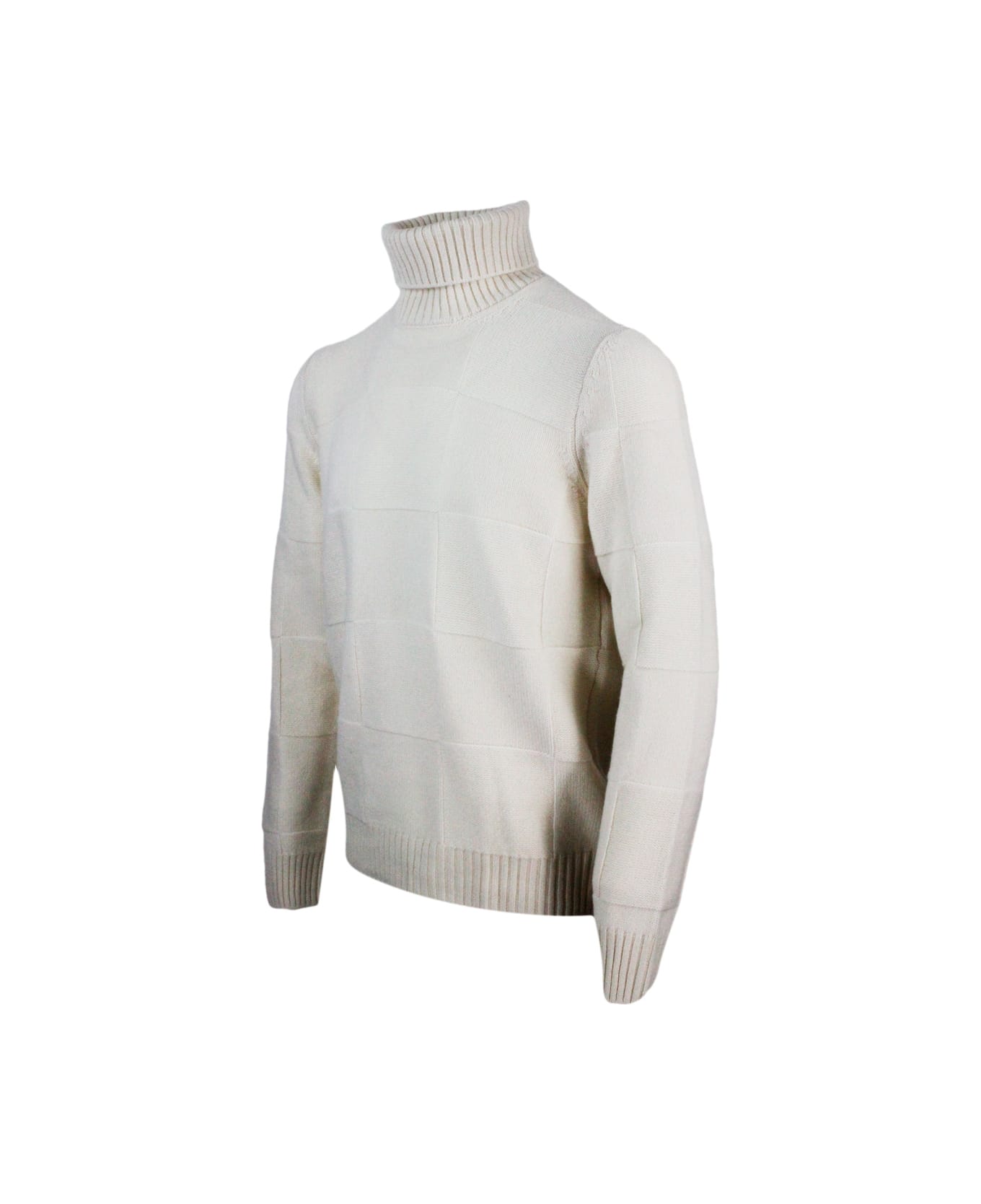 Barba Napoli Turtleneck Sweater In Pure And Soft Cashmere With Alternating Embossed Squares - White