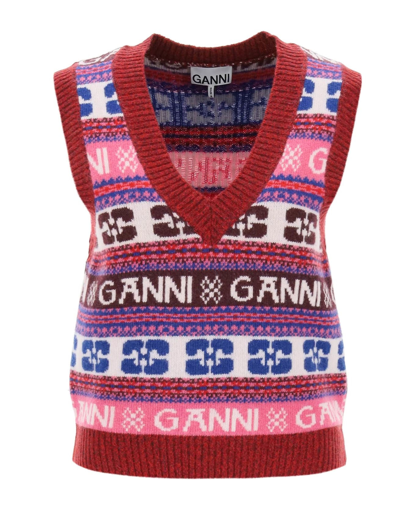 Ganni Jacquard Wool Vest With Logo Pattern - MULTICOLOUR ベスト