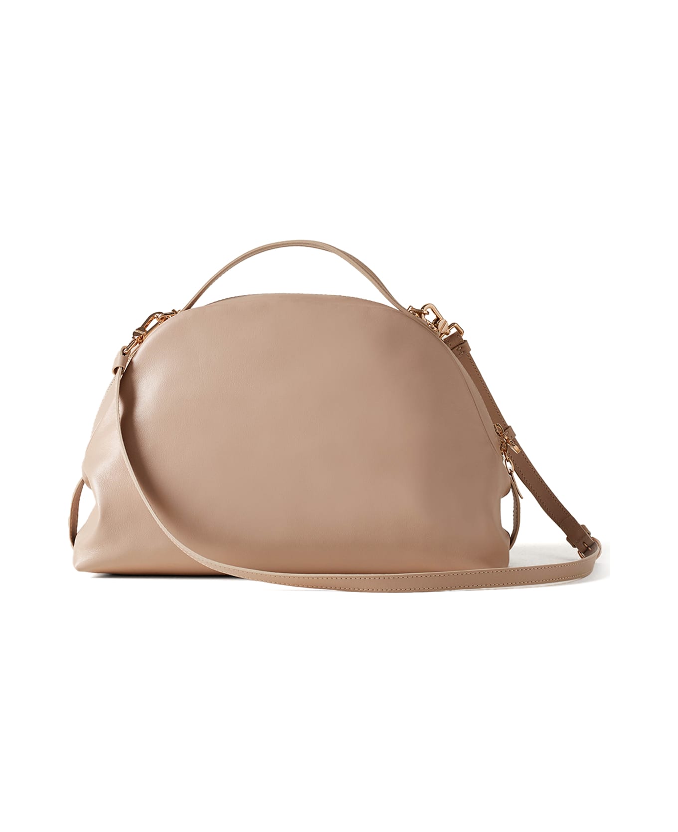 Borbonese Medium Beige Leather Bauletto Bag With Shoulder Strap - PORRIDGE