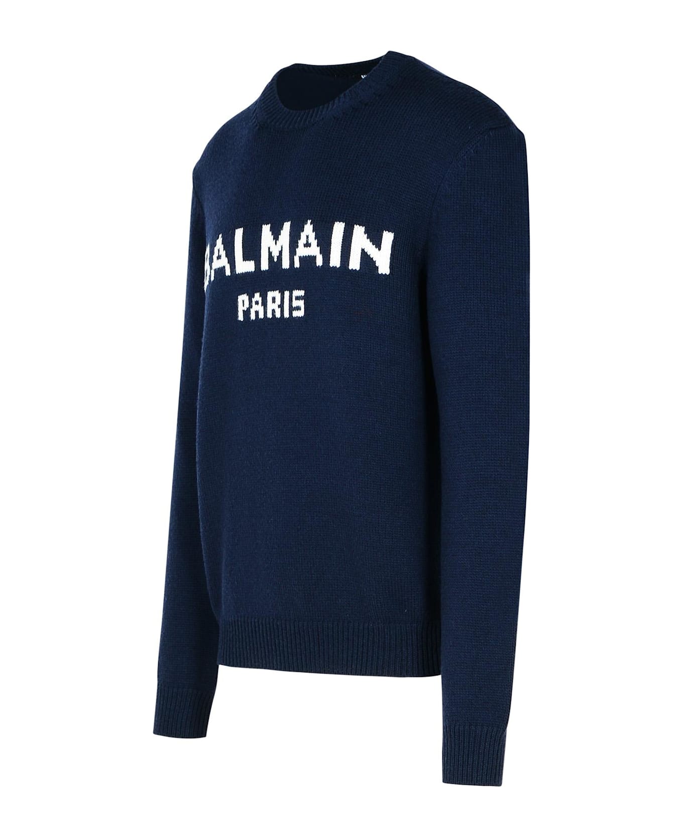 Balmain Blue Merino Wool Blend Sweater - Bleu Marine/blanc
