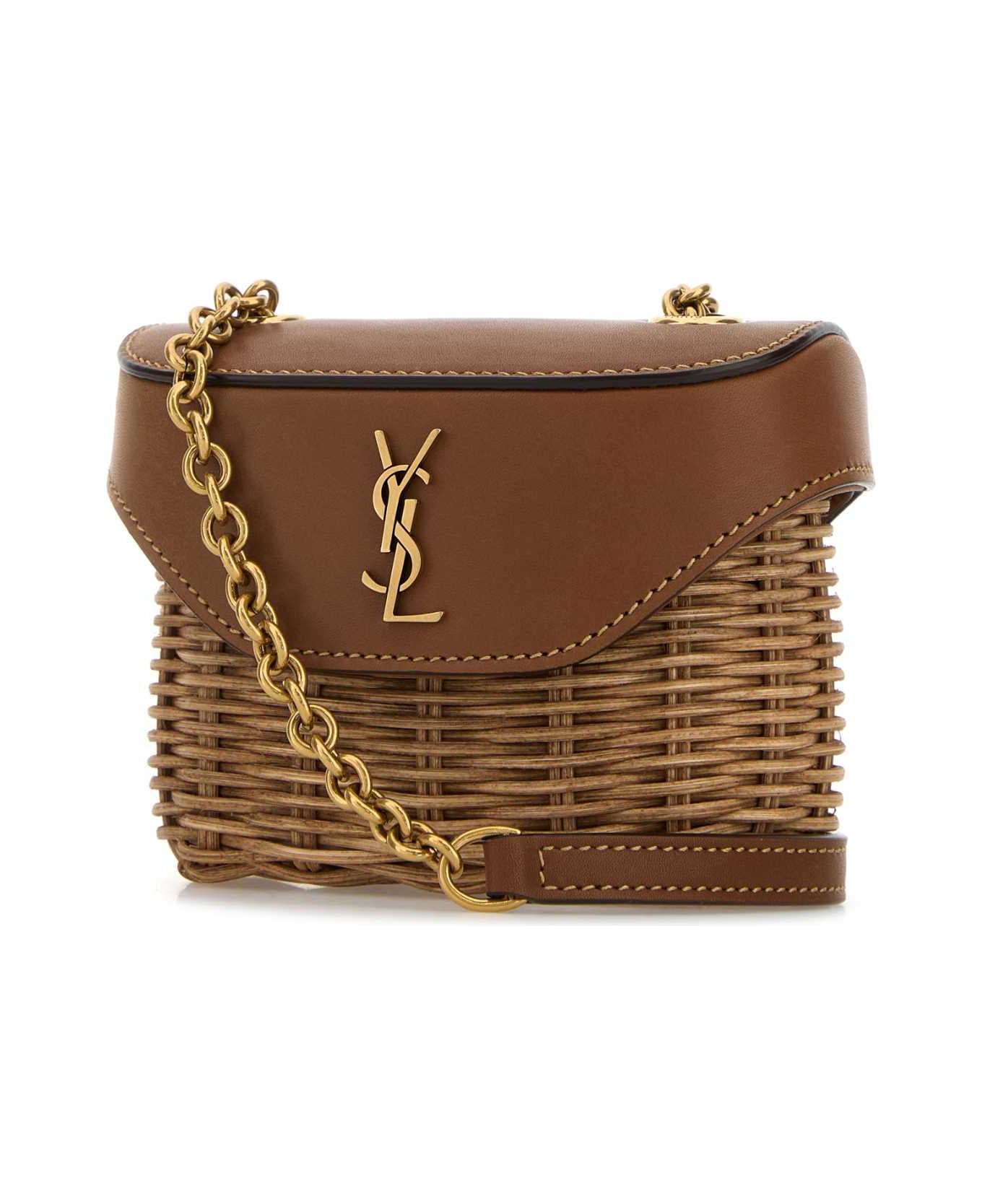 Saint Laurent Two-tone Wicker And Leather Mini Box June Crossbod - NATURALE/BRICK