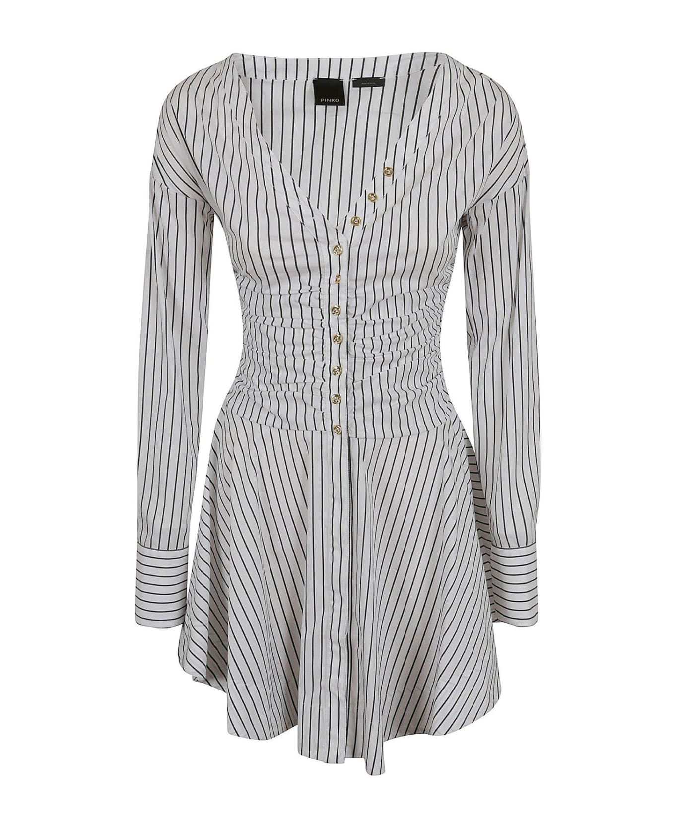 Pinko V-neck Striped Mini Dress - Bianco e Nero ワンピース＆ドレス
