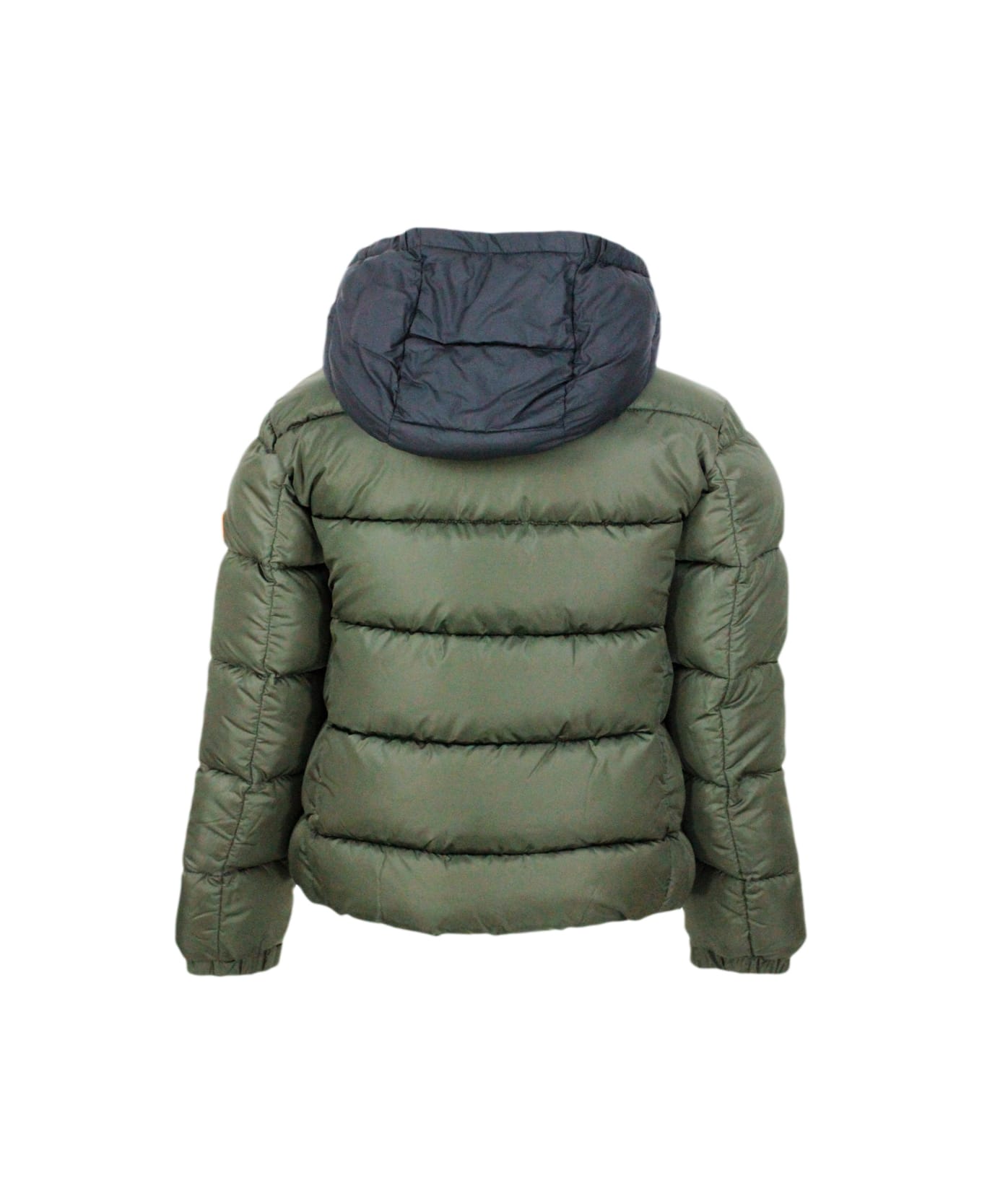Save the Duck Rumex Down Jacket With Detachable Hood With Animal Free Padding And No Animal Derivatives With Zip Closure And Logo On The Sleeve. Elasticated Edges. - Green