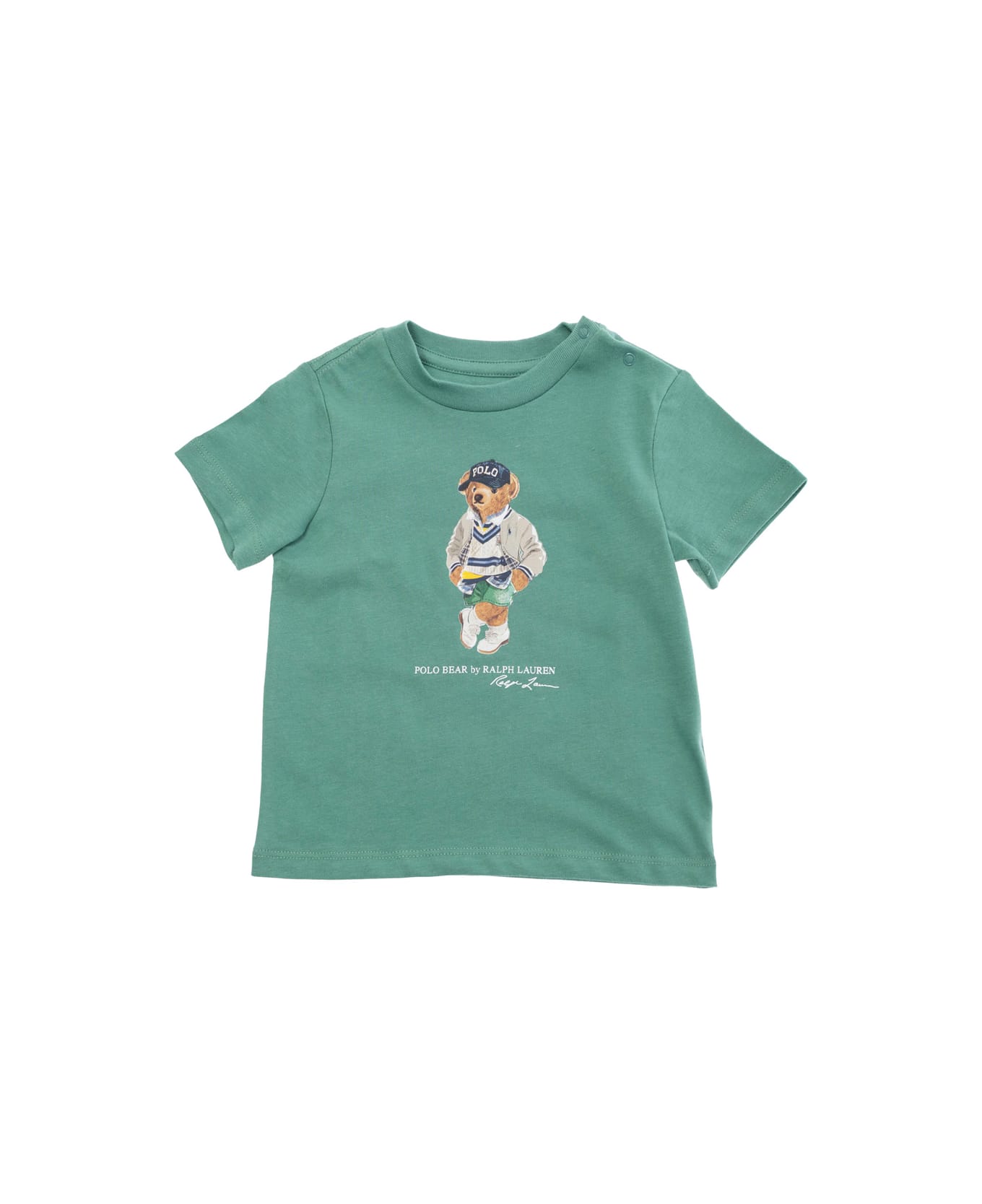 Polo Ralph Lauren Green Crewneck T-shirt With Maxi Logo Print On The Front In Cotton Baby - Green