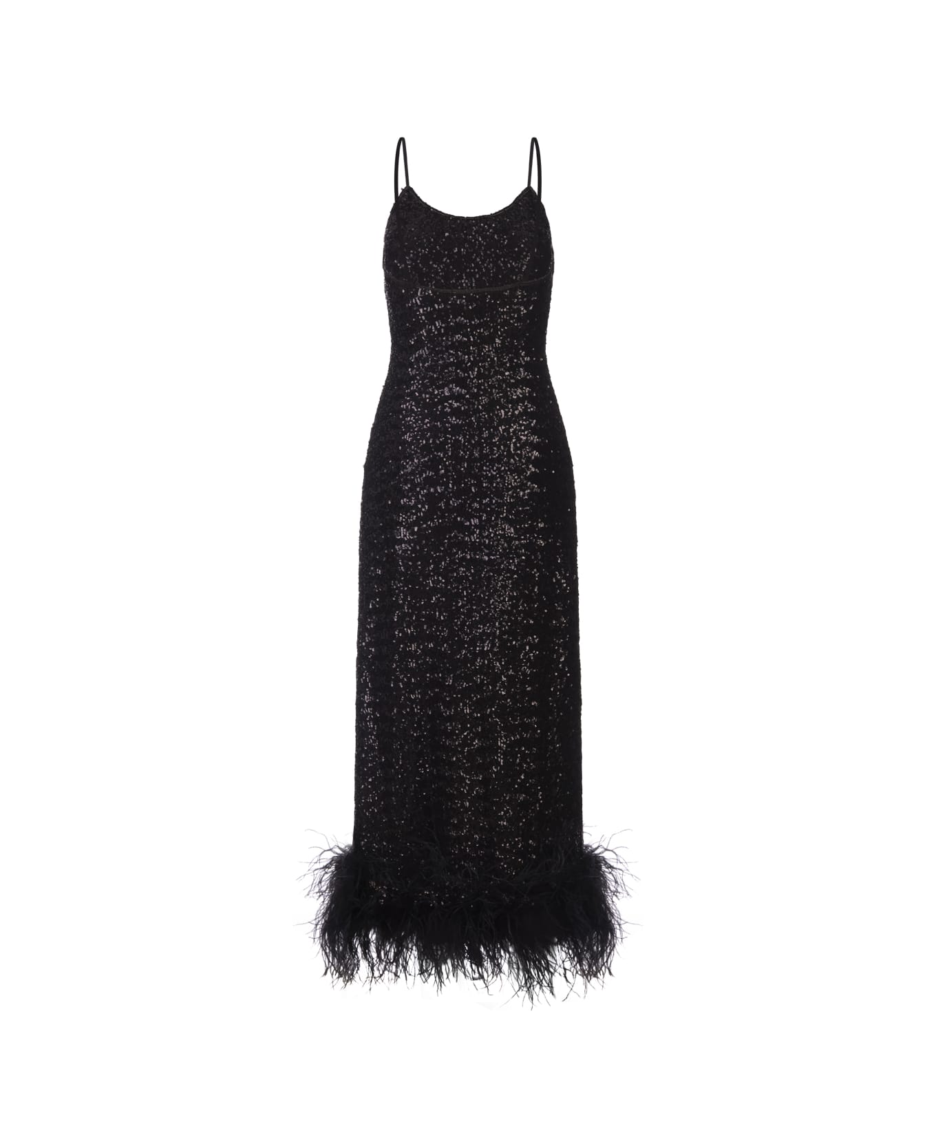 Oseree Black Sequined Petticoat Dress With Feathers - Black