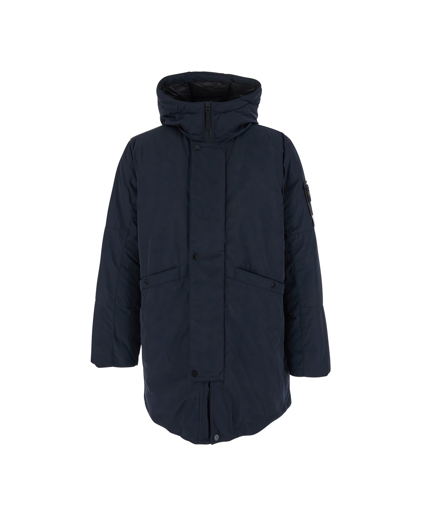 Stone Island Blue Jacket With Hood With Zip And Logo Patch On The Sleeve In Tech Fabric Man - Blu