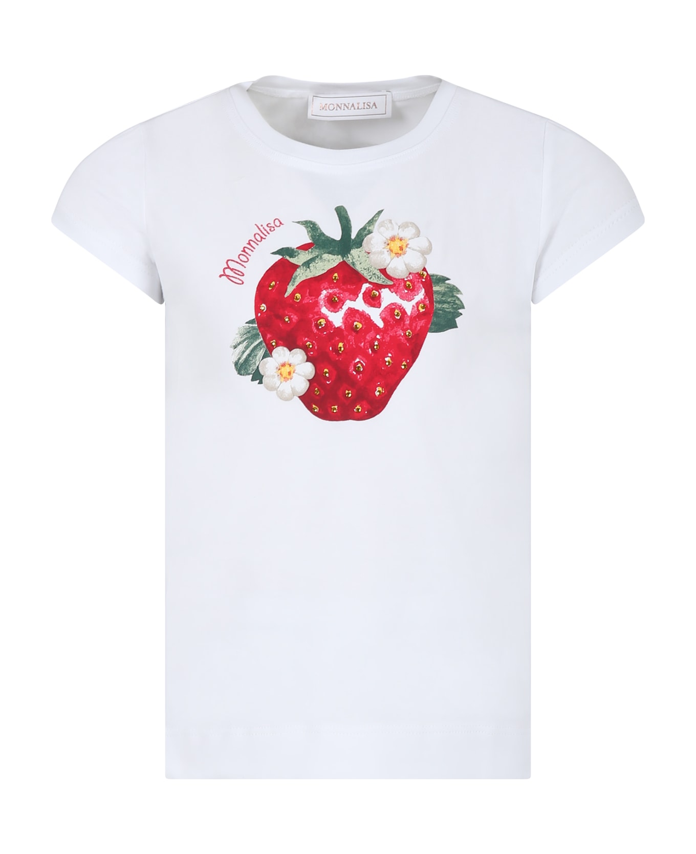Monnalisa White T-shirt For Girl With Strawberry Print - White Tシャツ＆ポロシャツ