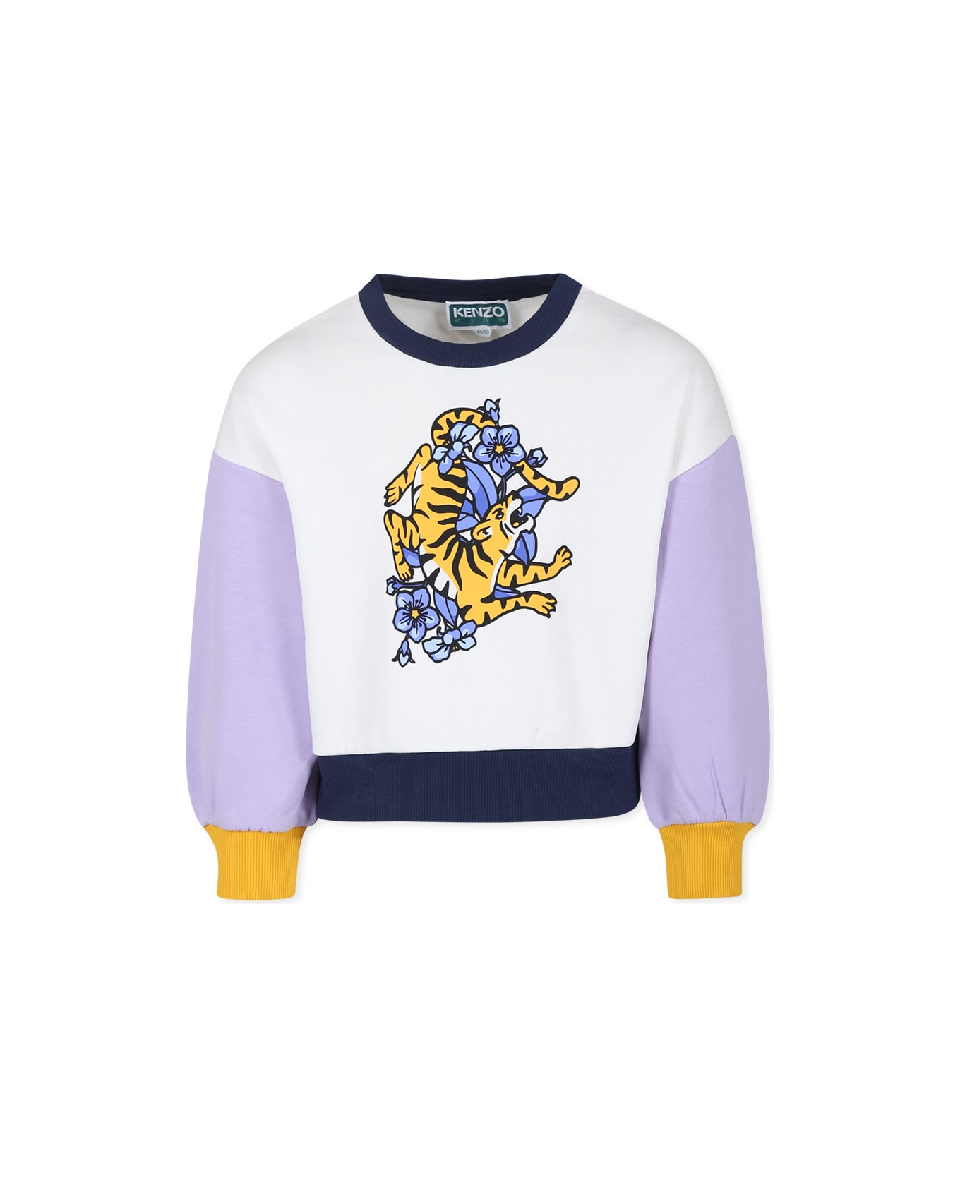 Kenzo Kids Ivory Sweatshirt For Girl With Flowet Motif And Tiger - Multicolor ニットウェア＆スウェットシャツ