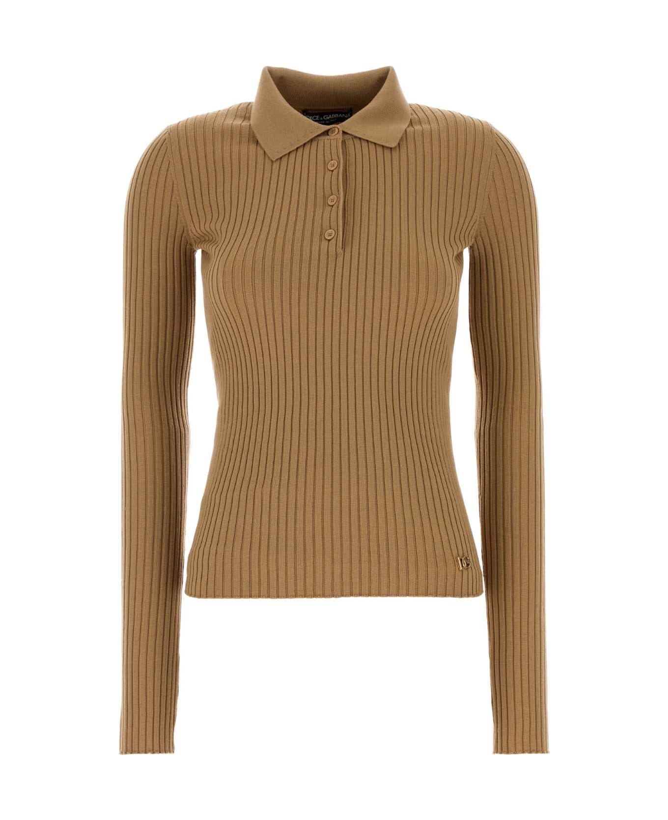 Dolce 
Gabbana Camel Stretch Wool Blend Polo Shirt - BEIGEMEDIO