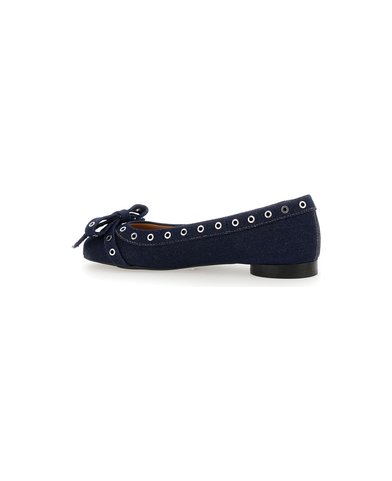 Ganni Blue Ballet Flats With Eyelet Details In Cotton Woman - Denim/Blue