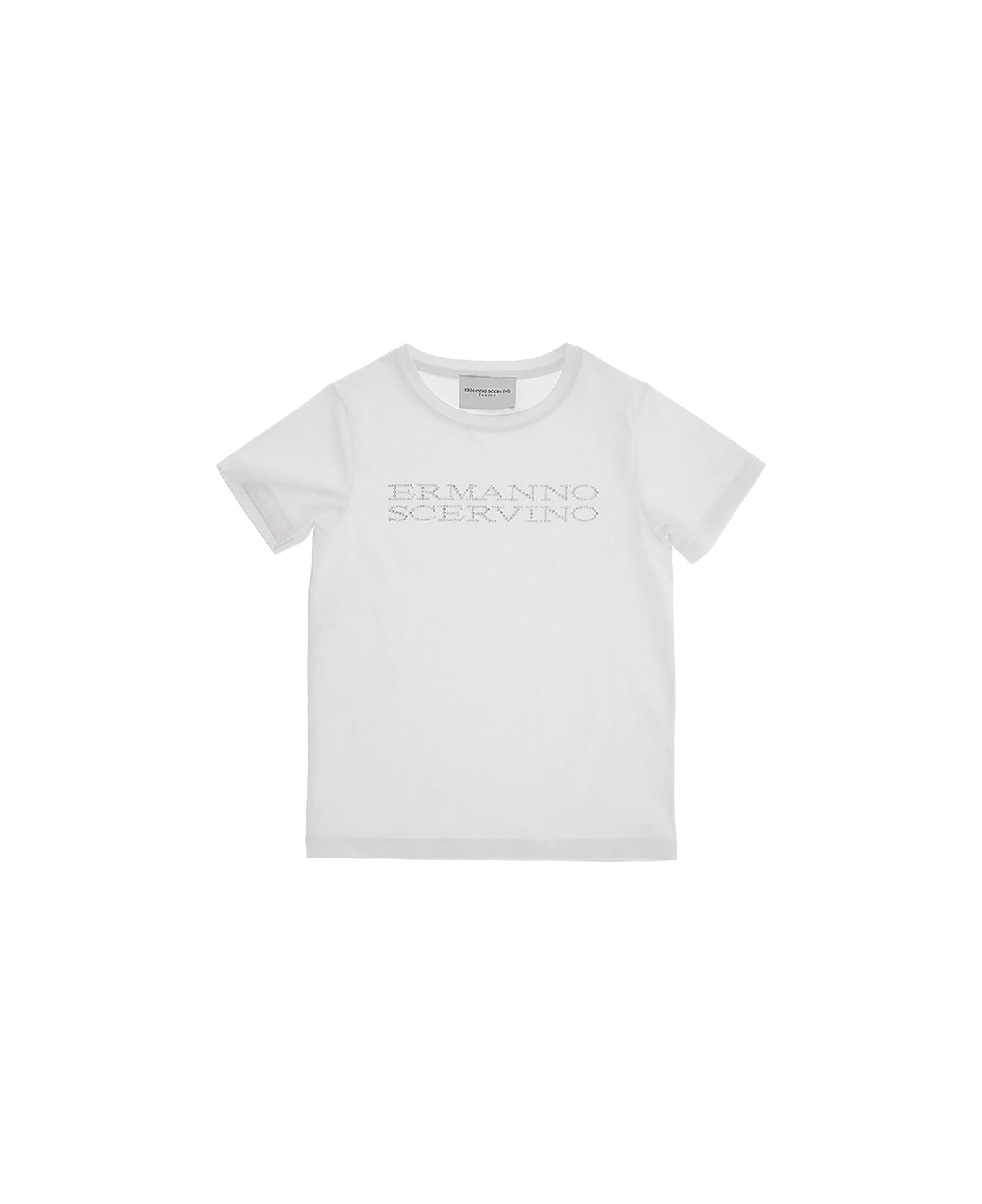 Ermanno Scervino Junior White T-shirt With Rhinestone Logo - White