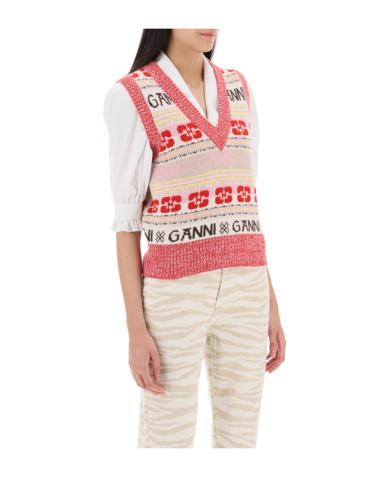 Ganni Vest In Jacquard Knit With Graphic Logo Motif - Red