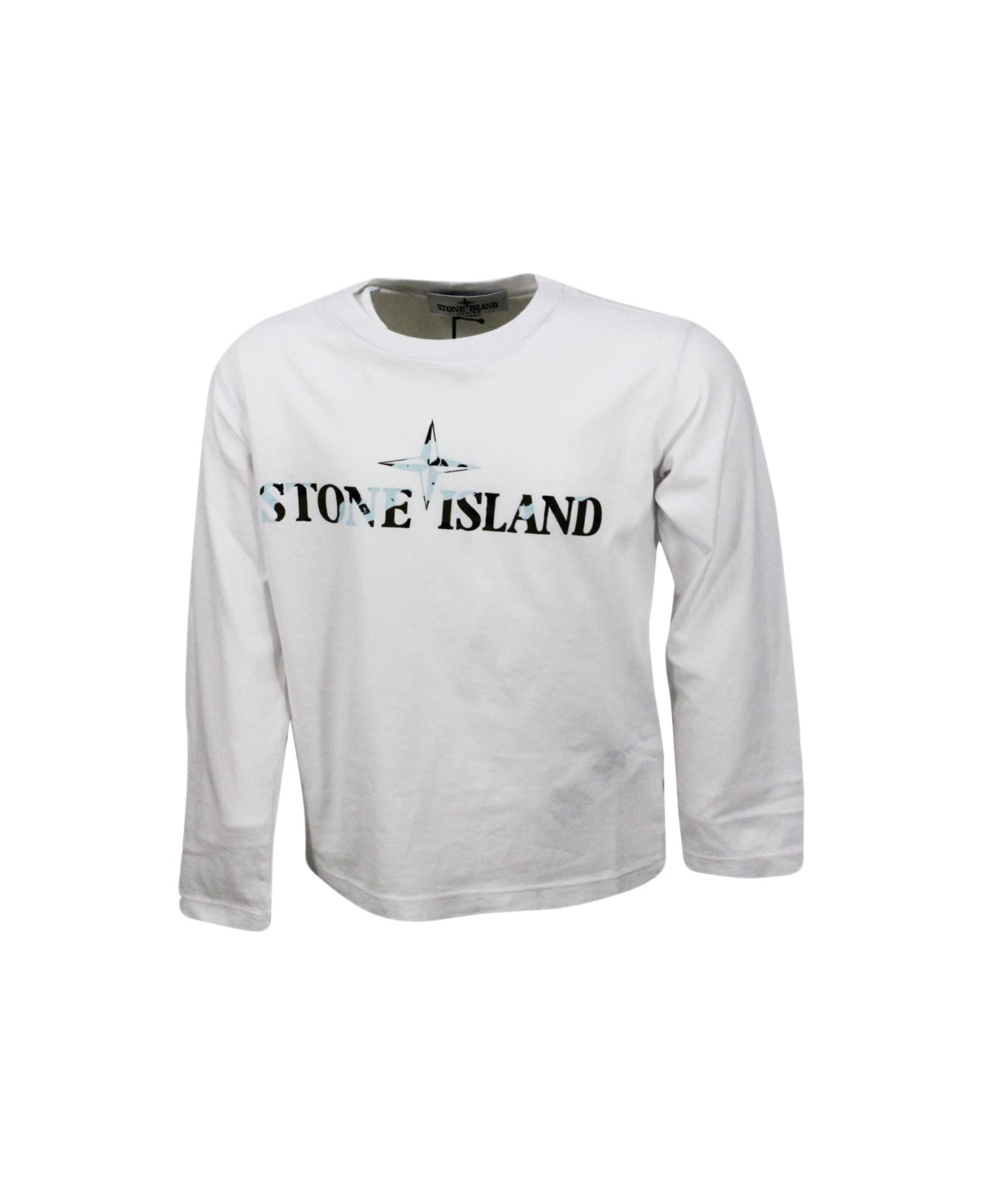 Stone Island T-shirt A Girocollo A Manica Lunga In 100% Cotone Con Logo Sul Petto - White Tシャツ＆ポロシャツ