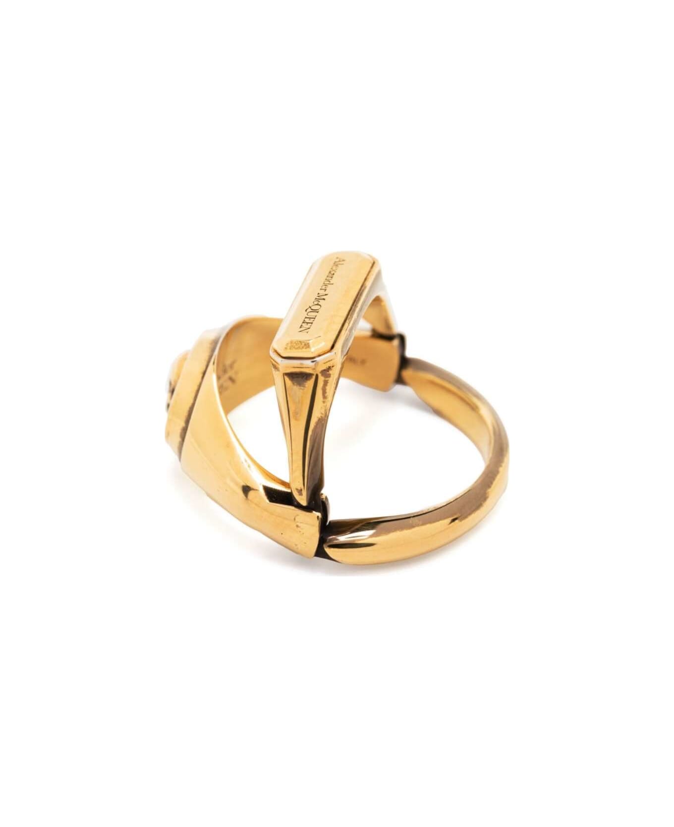 Alexander McQueen Gold-colored Double Ring With Skull Detail And Embossed Logo Lettering In Brass Woman - Metallic リング